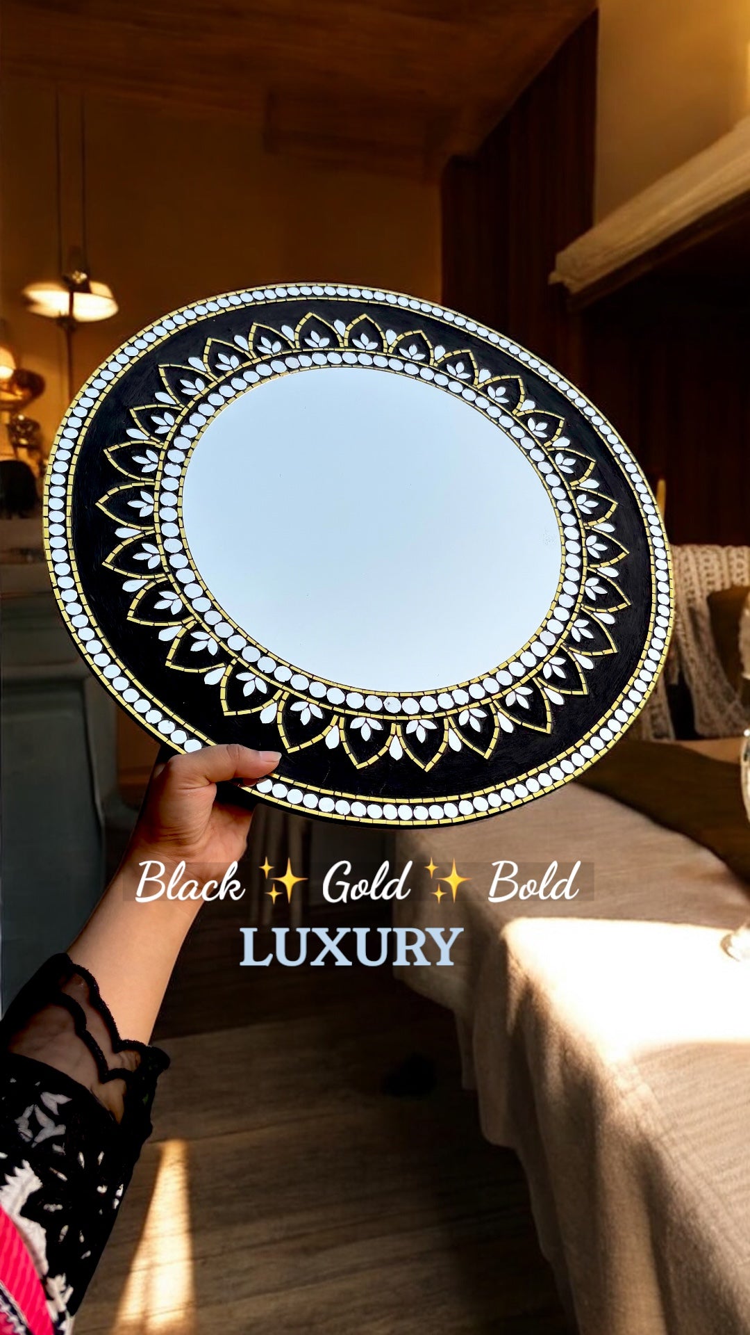 Black & Gold Mandala Mirror Mosaic Wall Hanging Round Set by Mirroza (3-Pack)