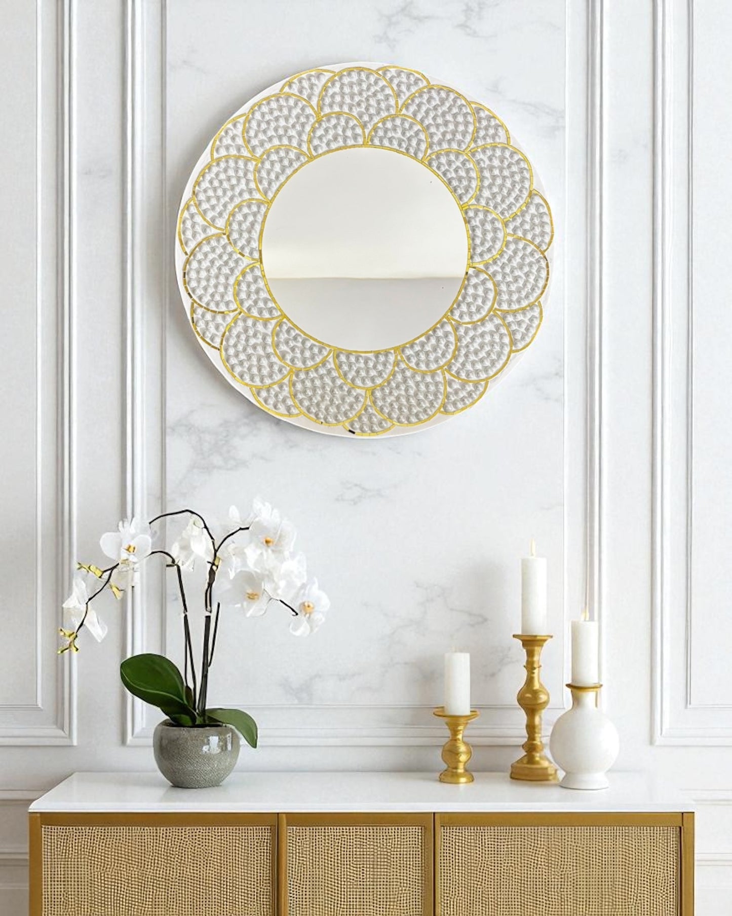White & Gold Bloom | Handcrafted Pearl Mosaic Mirror by Mirroza