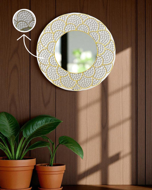 White & Gold Bloom | Handcrafted Pearl Mosaic Mirror by Mirroza