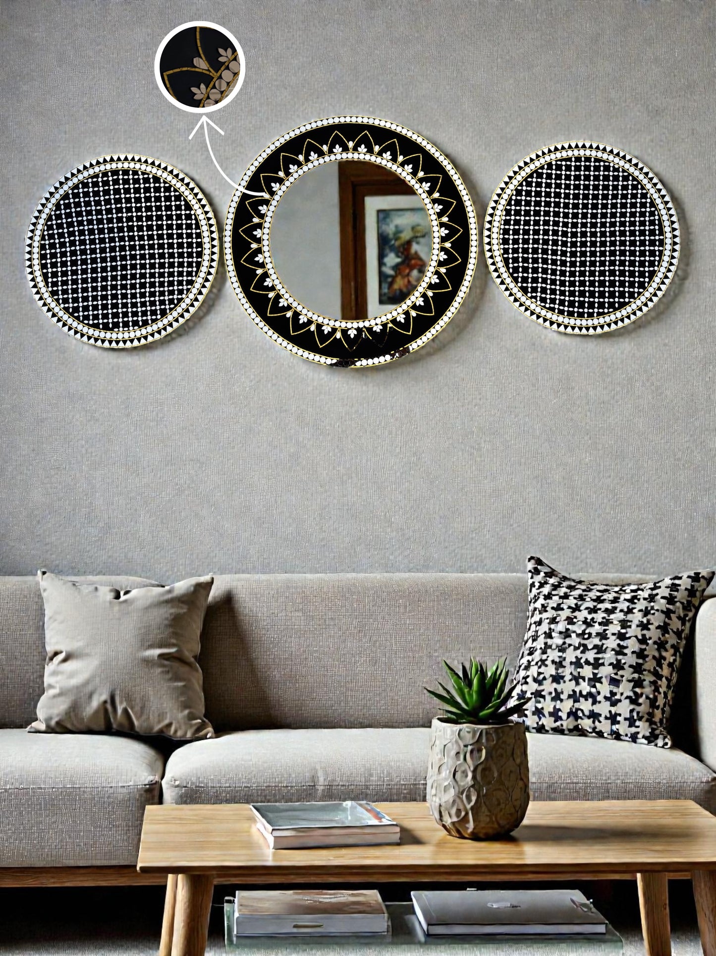 Black & Gold Mandala Mirror Mosaic Wall Hanging Round Set by Mirroza (3-Pack)