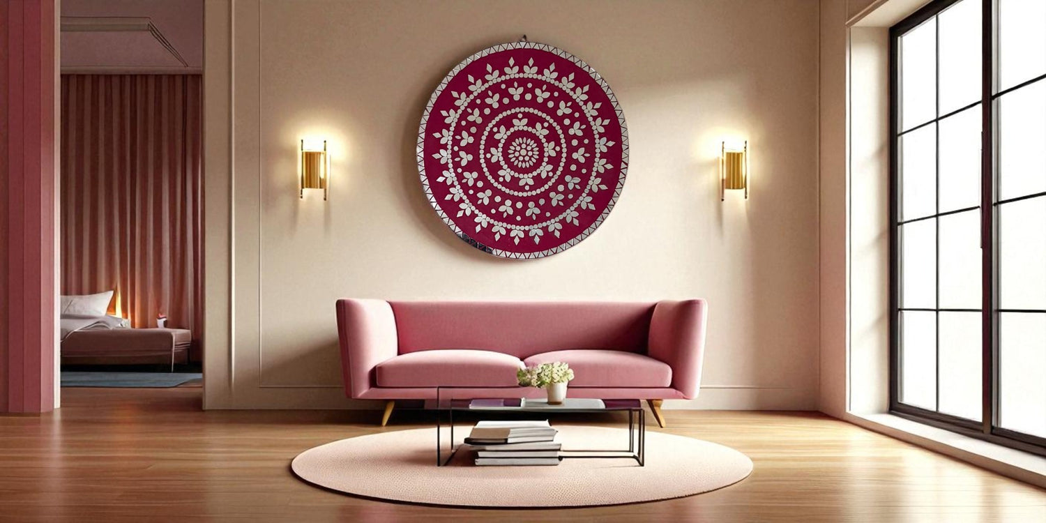 Modern living room with a pink sofa, round coffee table, and decorative round mirror mosaic wall art.