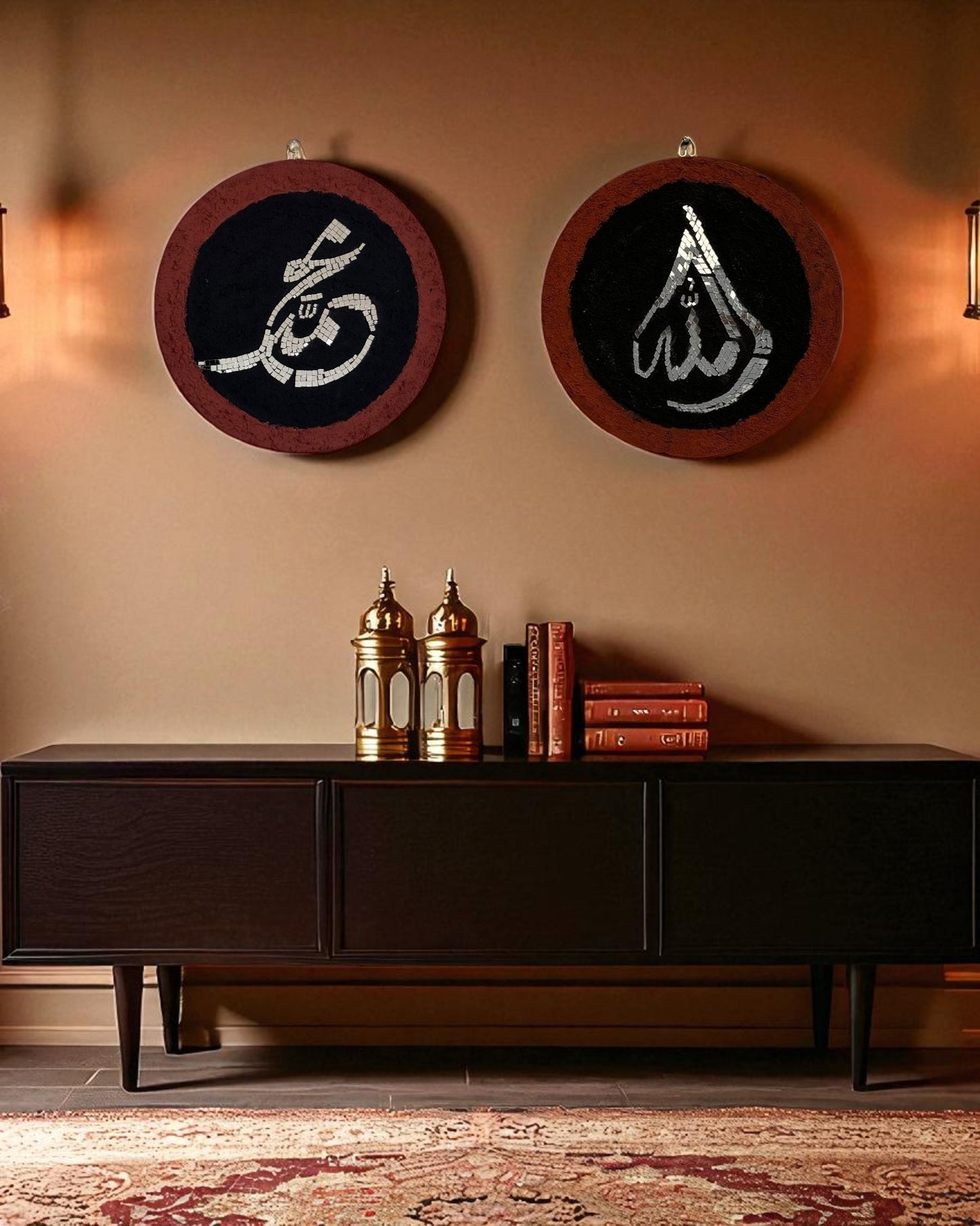 Islamic mosaic calligraphy mirror set of Allah and Muhammad showcased in a warm-toned modern living room with wooden console table and pendant light.