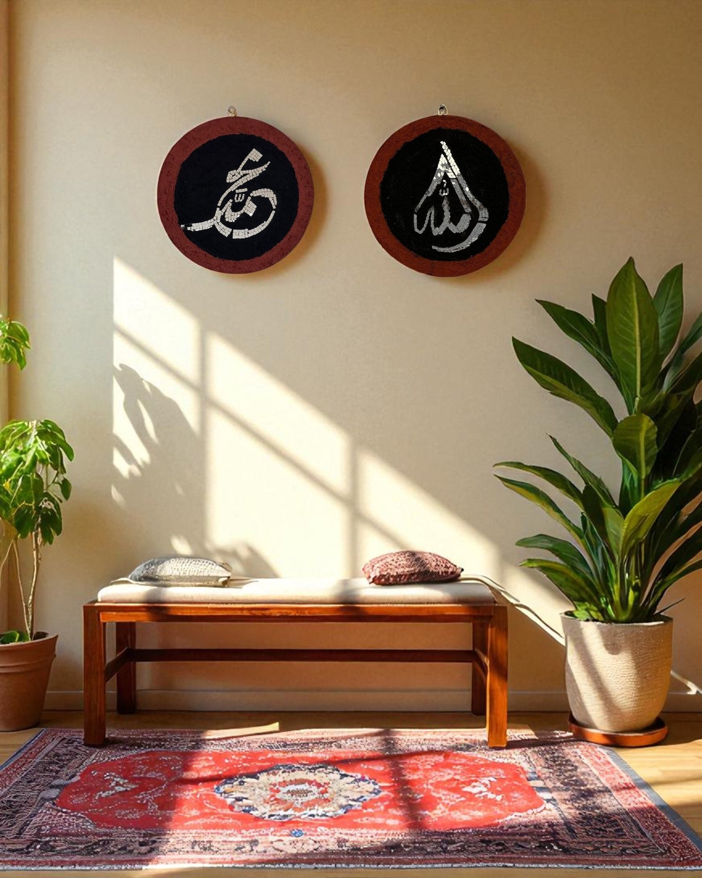 Welcoming entryway with round mosaic Islamic calligraphy art of Allah and Muhammad, paired with indoor plants and a wooden bench under natural light.