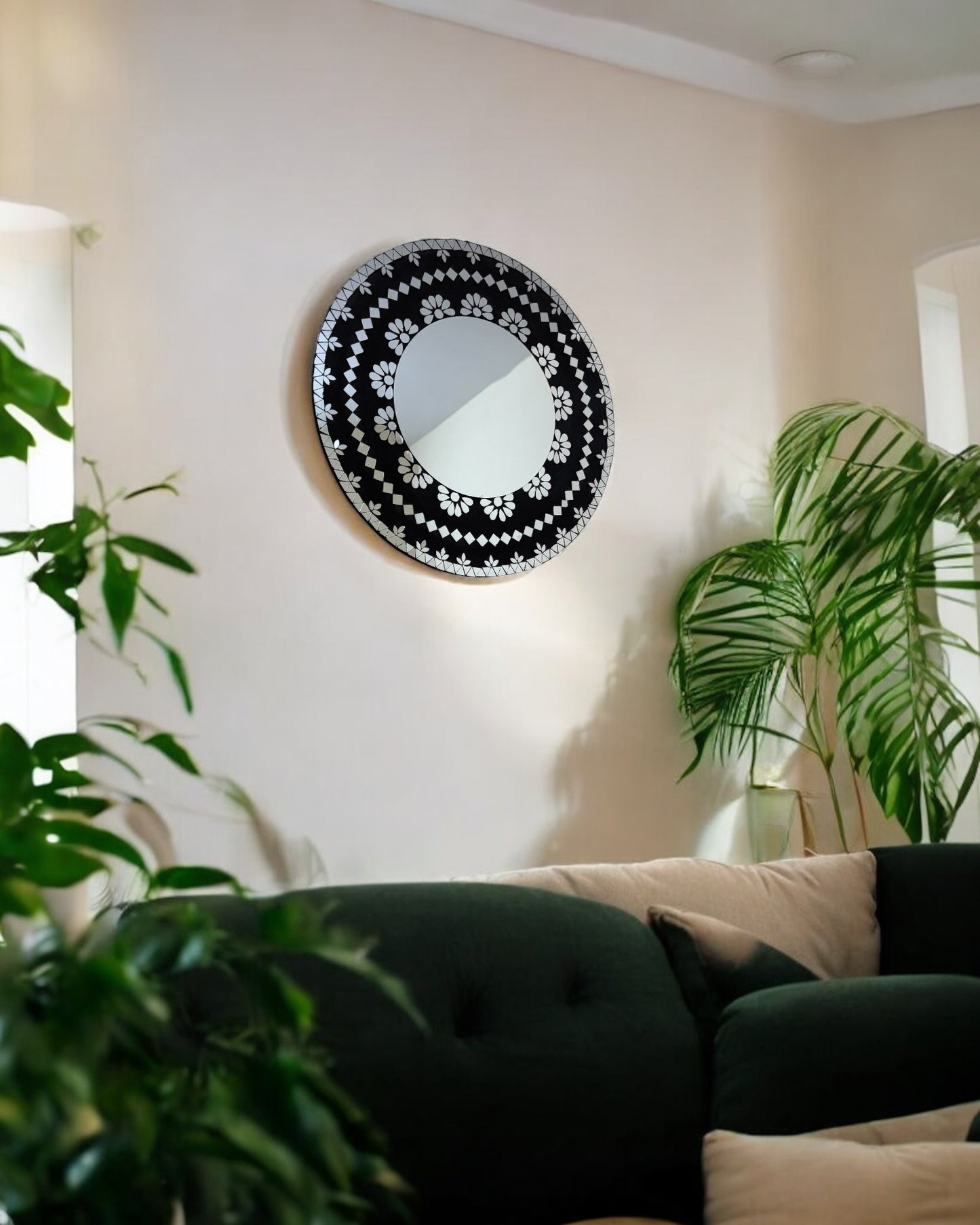 Top-down view highlighting glossy finish and edge design of Mirroza black bloom mosaic mirror