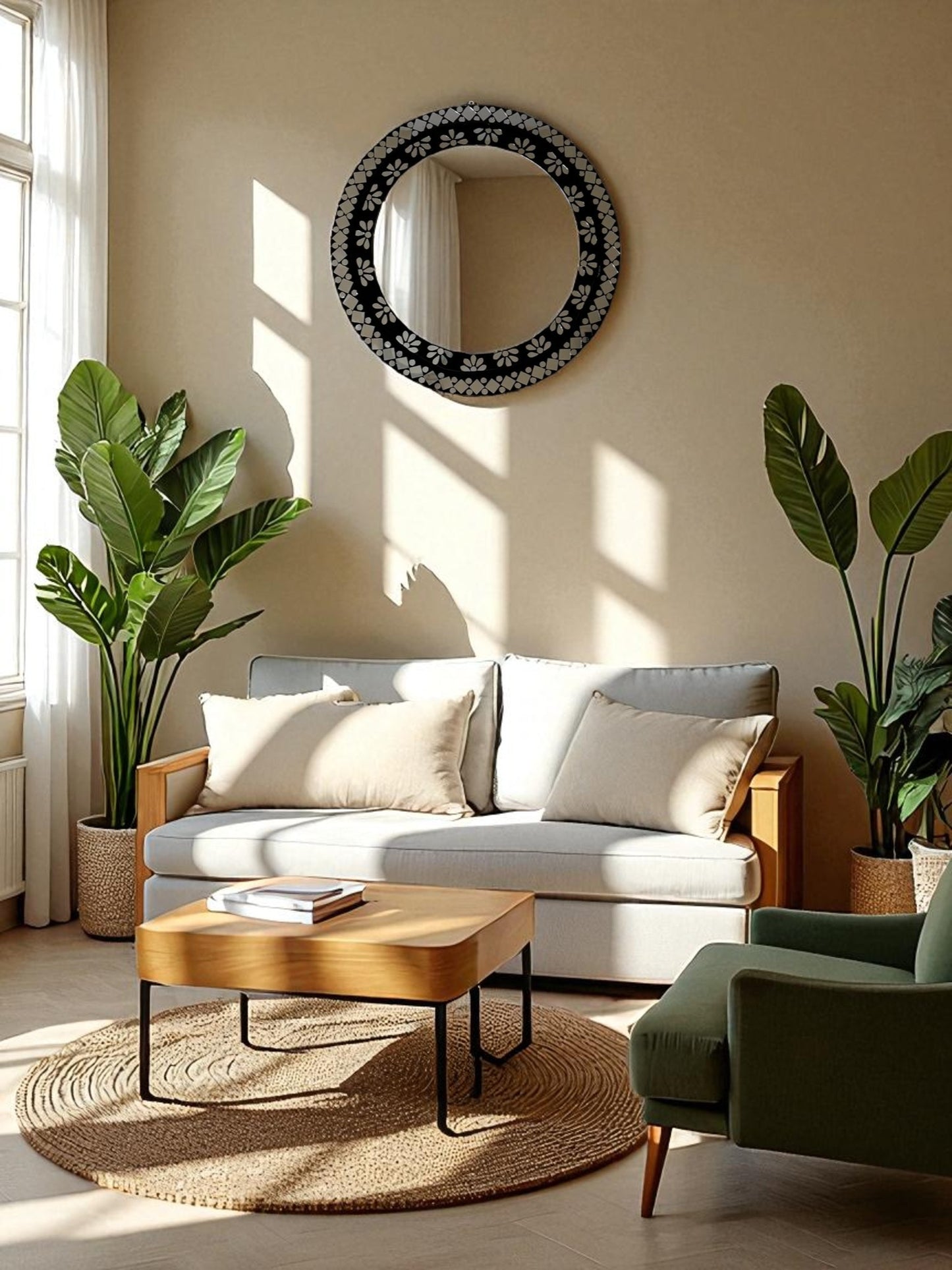 Black round mosaic mirror hanging above a contemporary green-accented sofa in a modern living room.