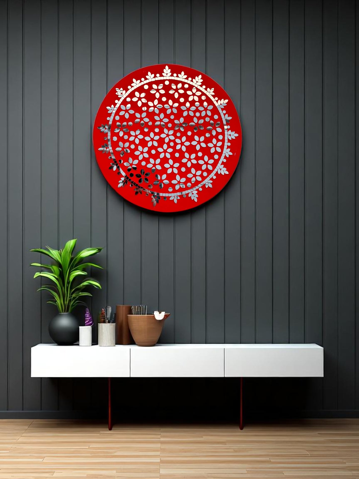 Handmade red floral mosaic wall art mirror by Mirroza displayed above a console table in a cozy interior setting