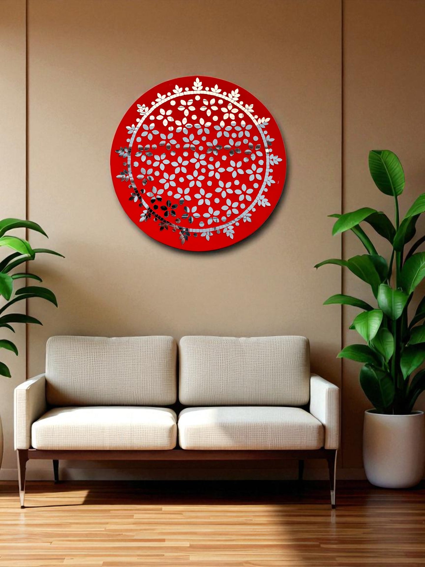 Crimson Bloom round red mosaic wall art by Mirroza mounted above a sofa, styled with an indoor plant and beige wall background