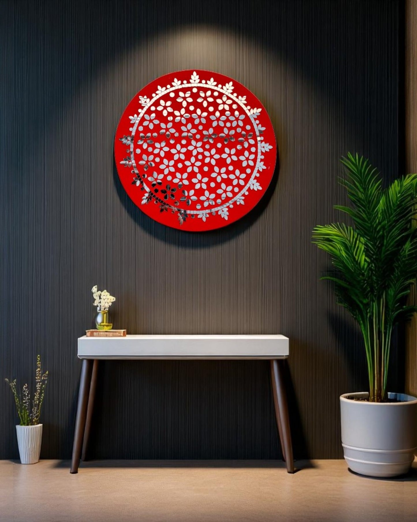 Handcrafted red floral mosaic wall art by Mirroza displayed on dark wooden wall with white table in the room