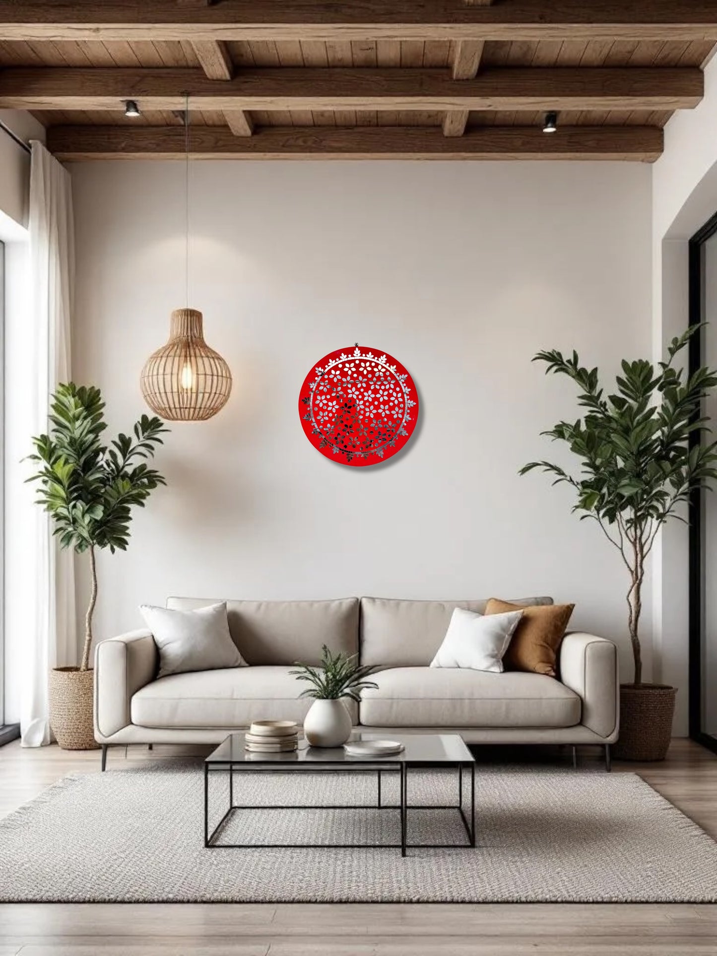 Handcrafted red floral mosaic wall art by Mirroza displayed in a modern living room