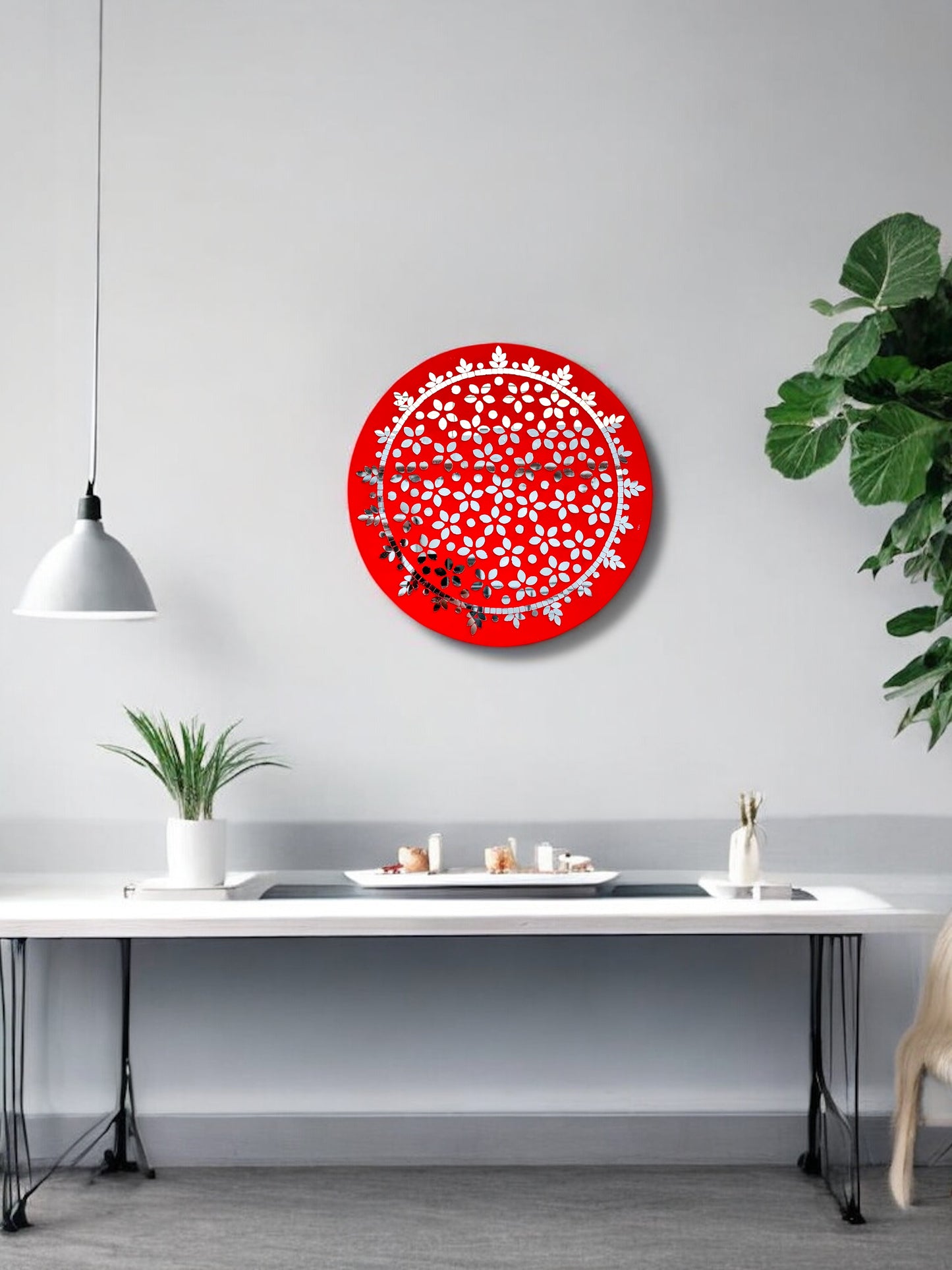 Round red mosaic wall art frame in entryway, handmade by Mirroza