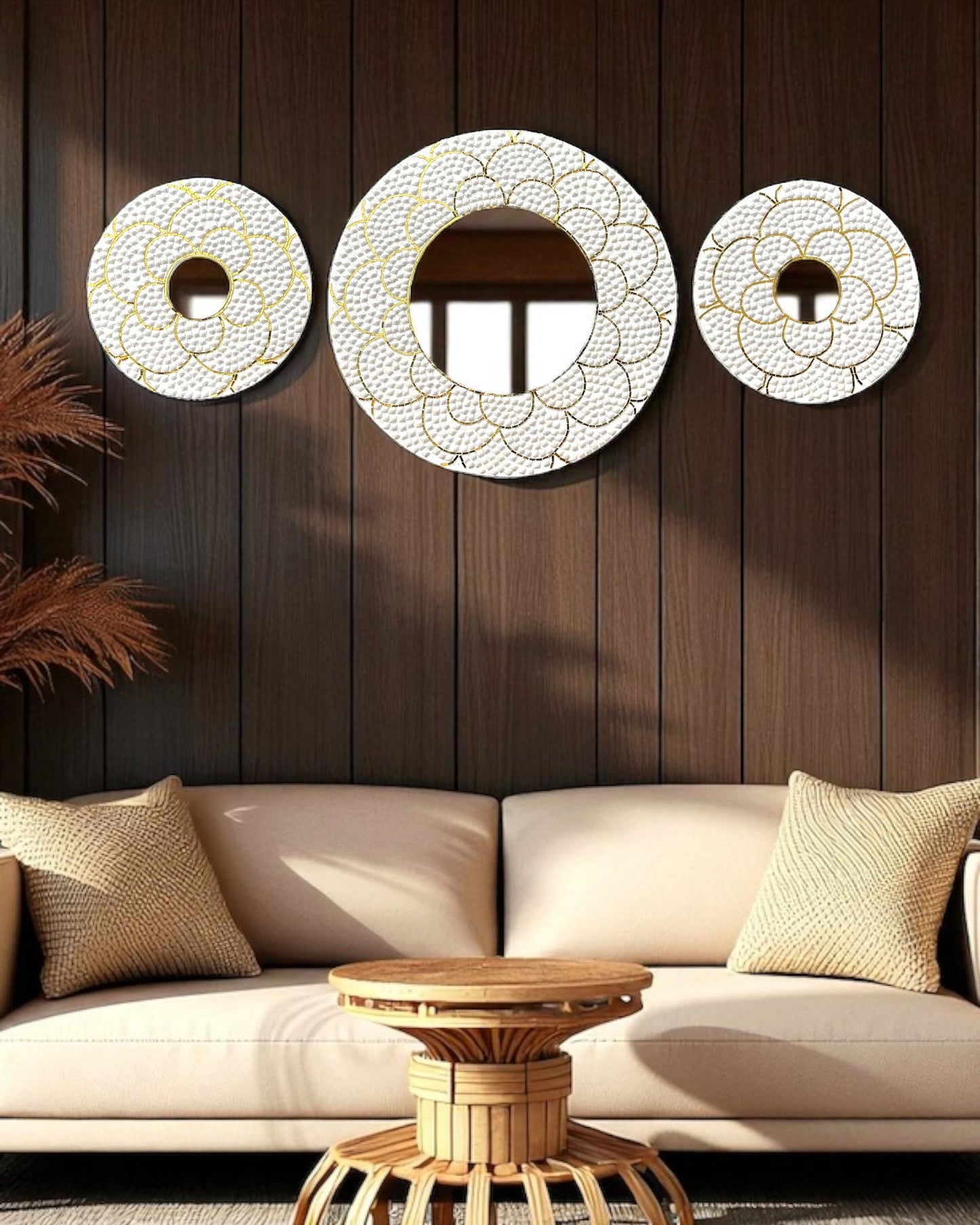 Decorative wall mirrors on a wooden wall above a beige sofa.