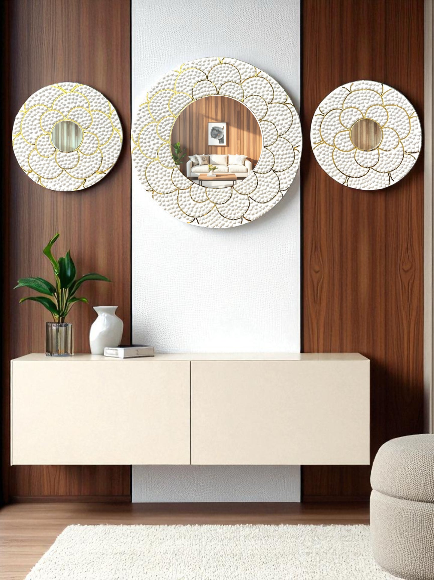 White and gold mirror mosaic wall art set displayed on a rich walnut wood panel wall