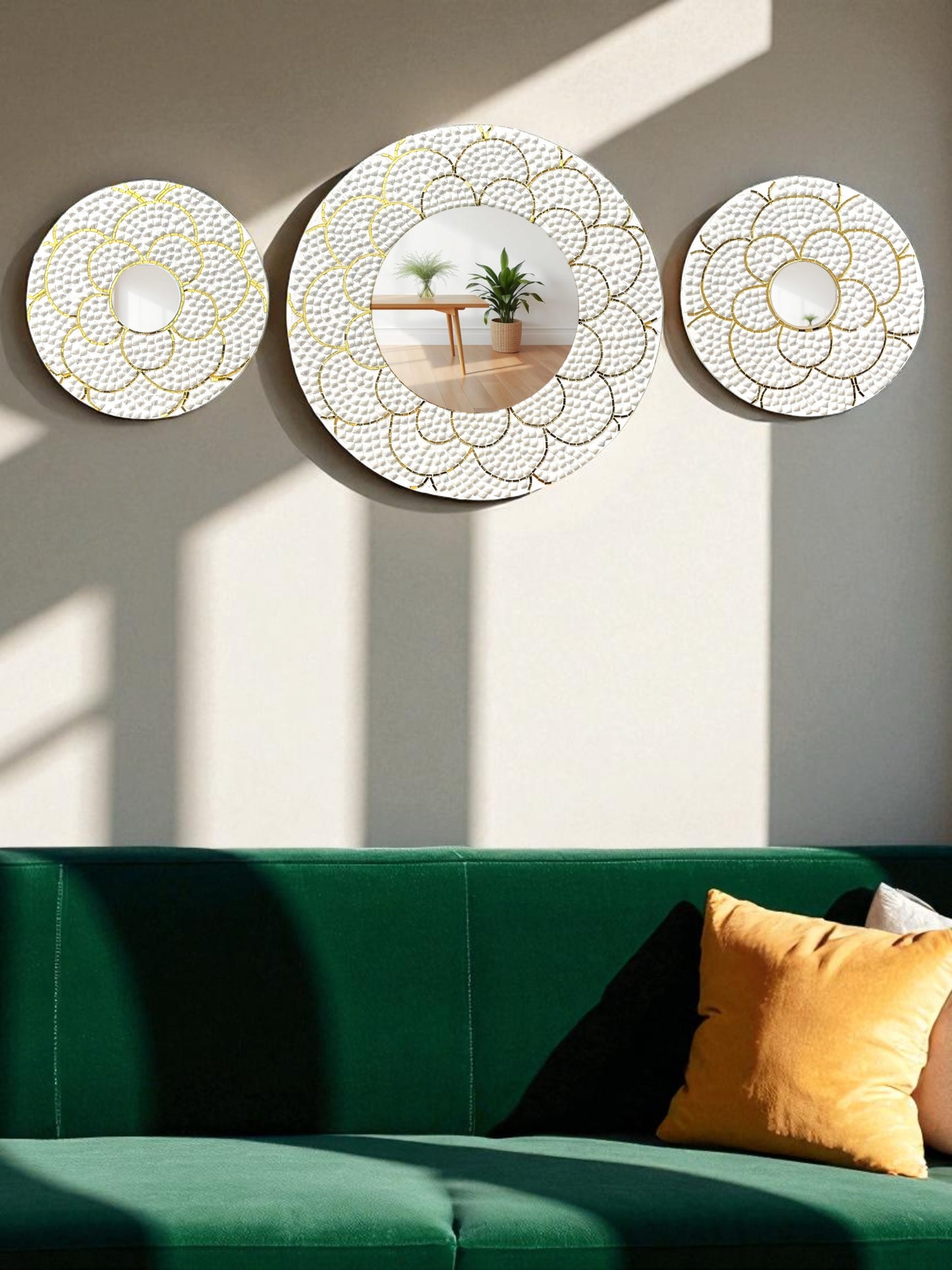 handcrafted mosaic mirror set green velvet living room.