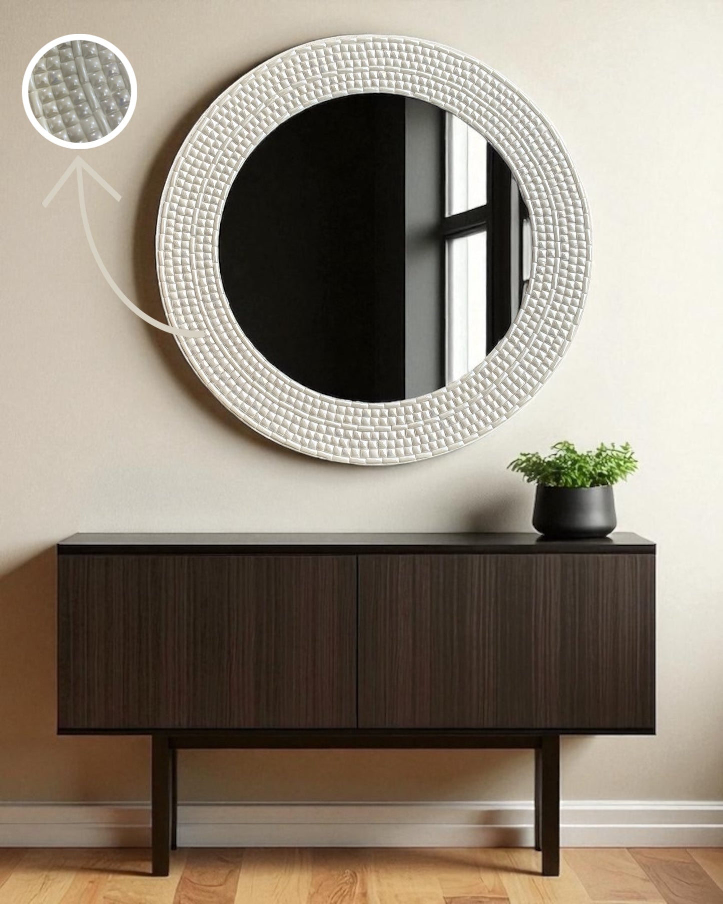 Mirroza ivory bloom round decorative mirror with textured frame above a wooden console table.