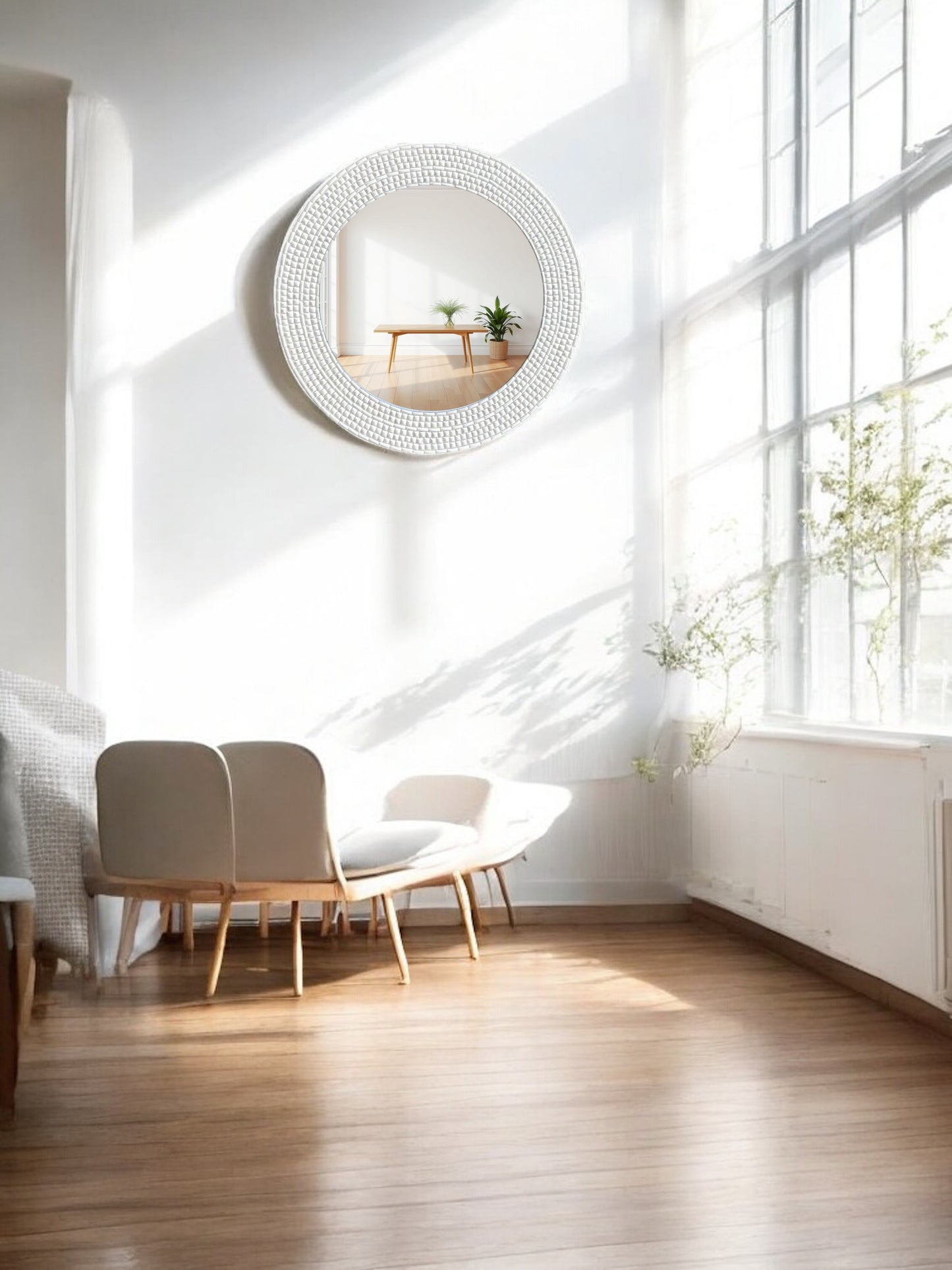 Ivory Bloom mosaic mirror styled in a modern living room interior