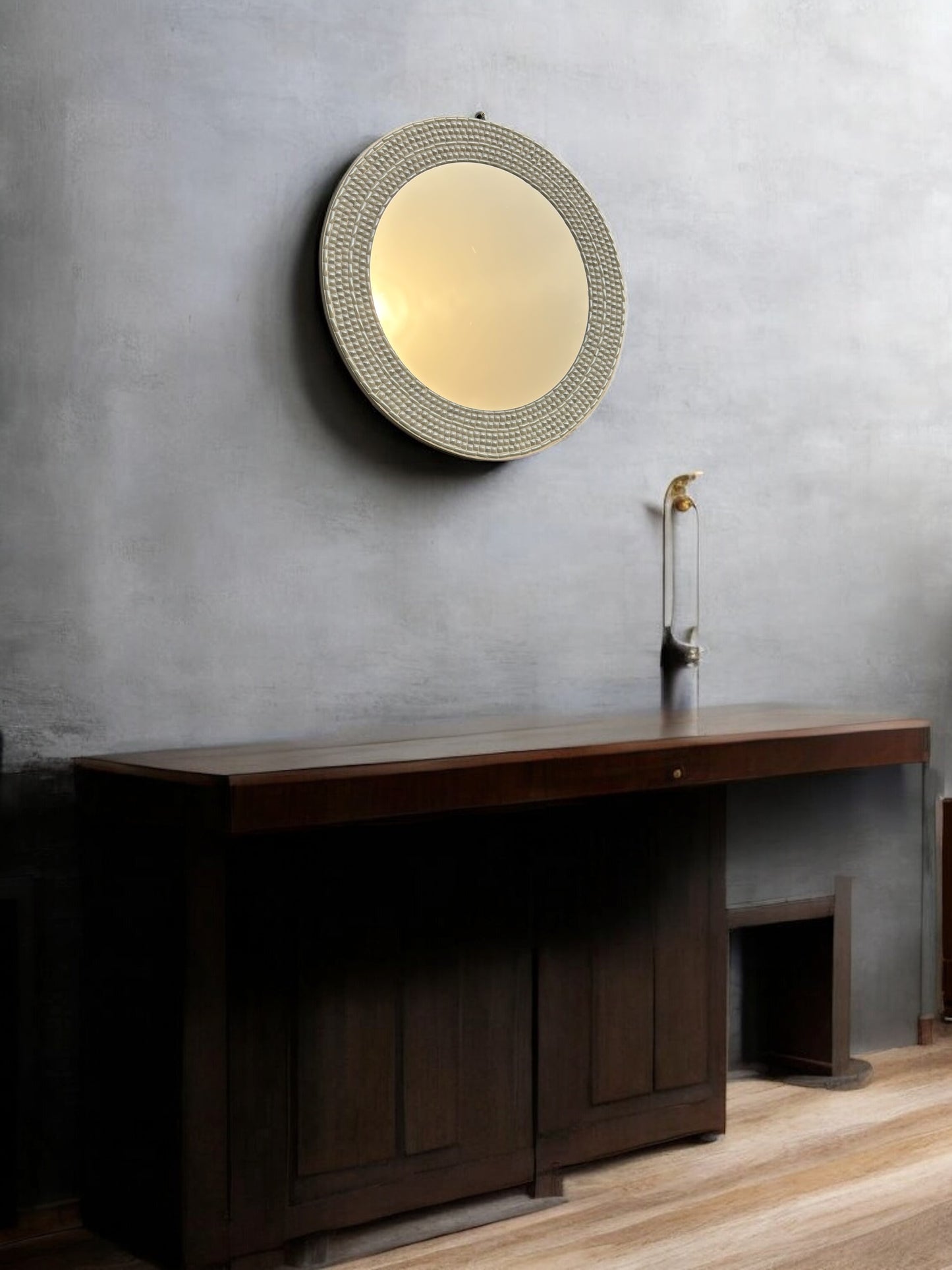 Angled view of ivory mosaic mirror showing handcrafted details and texture