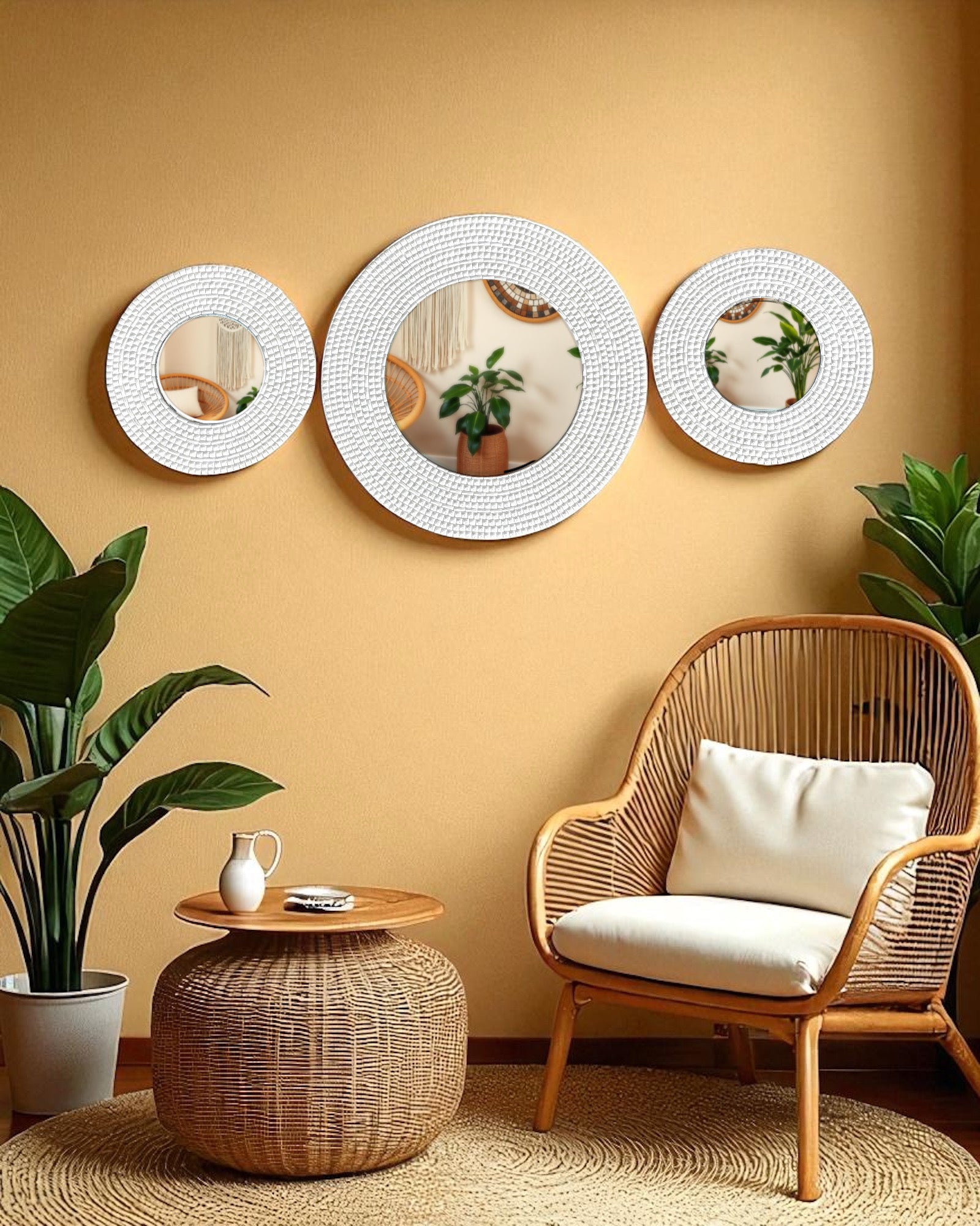 Boho-inspired corner featuring ivory round mirror mosaic wall art on a textured beige wall, surrounded by rattan furniture, macramé, and lush indoor plants like monstera and snake plan