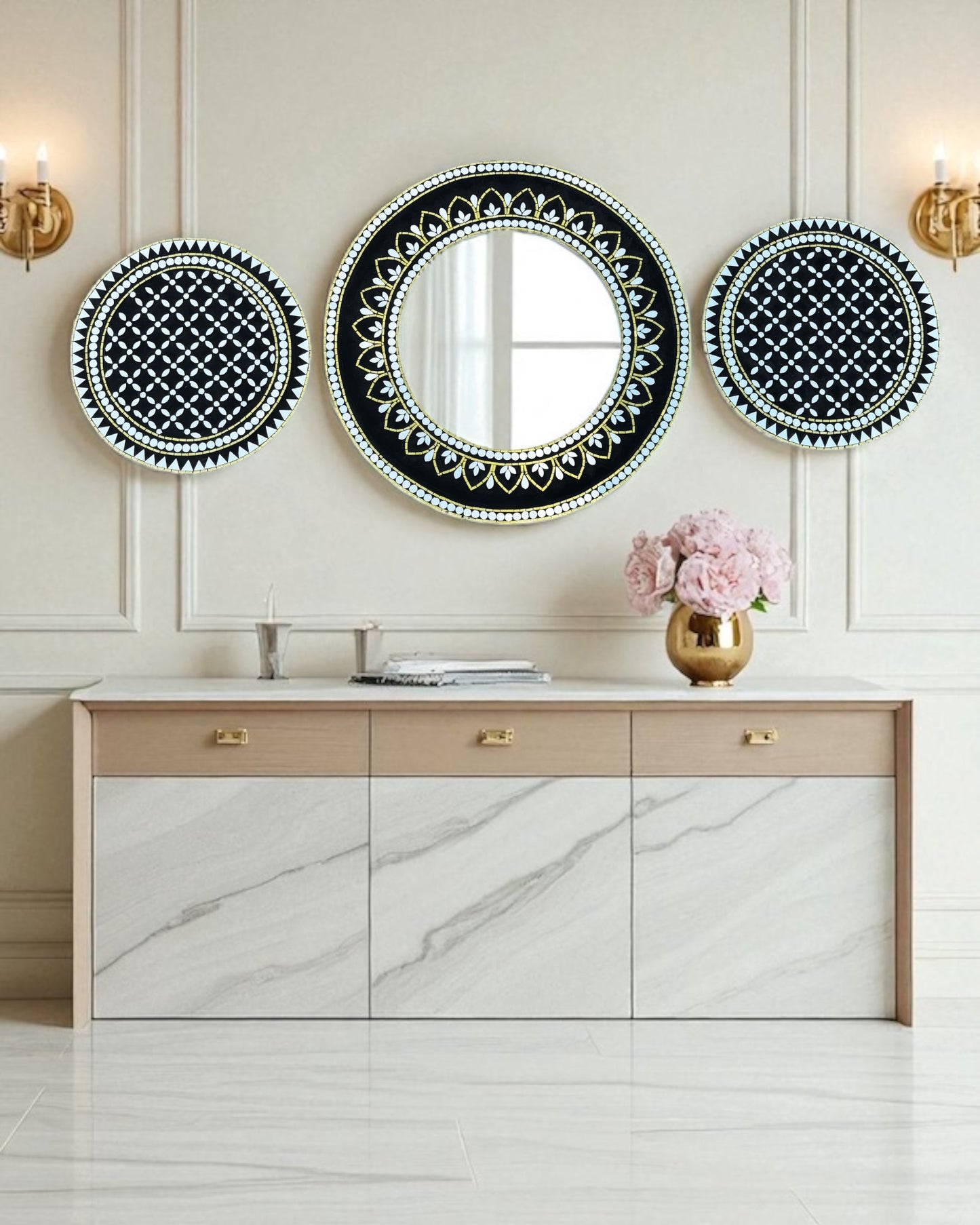 Elegant mirror mosaic wall art set styled in a luxurious marble-accented entryway with gold décor and warm lighting