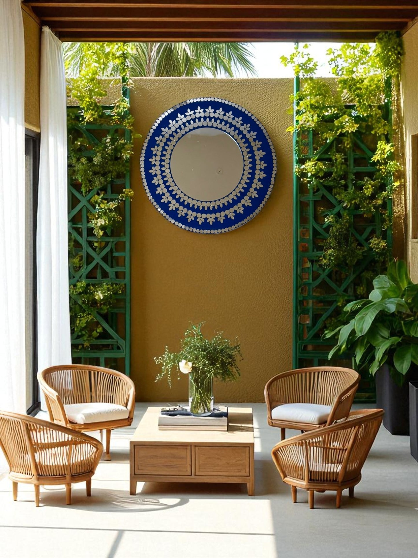 Midnight Blossom mirror wall art featured in an elegant patio space with natural decor