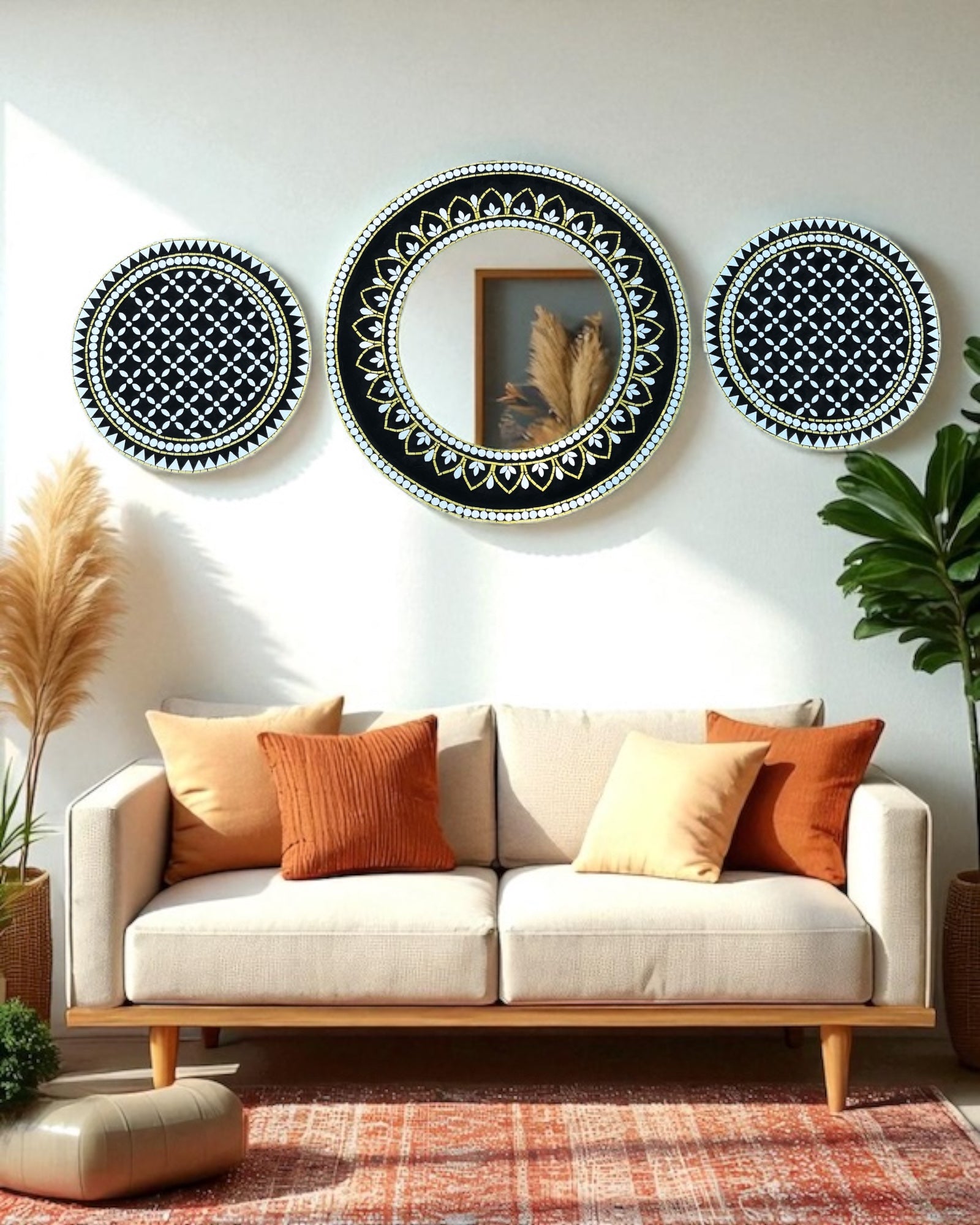 3-piece mirror mosaic wall art displayed in a bright boho-style living room with rattan décor, beige sofa, and pampas grass.