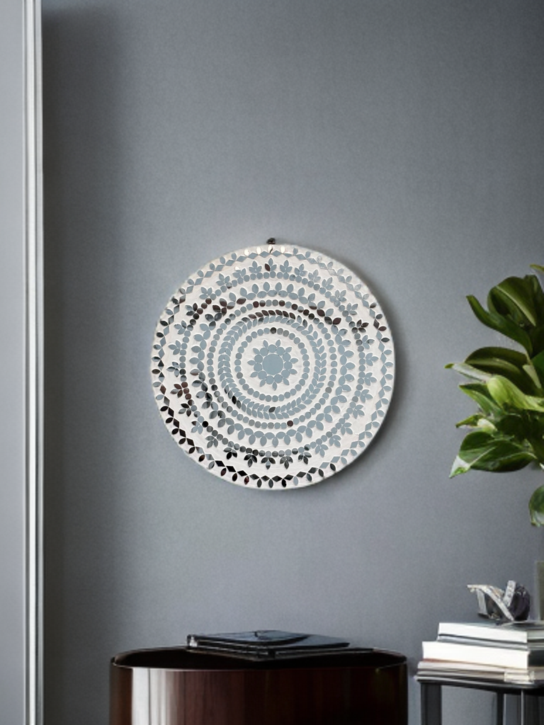Macro shot showing texture and hand-cut glass tiles on white mosaic mirror