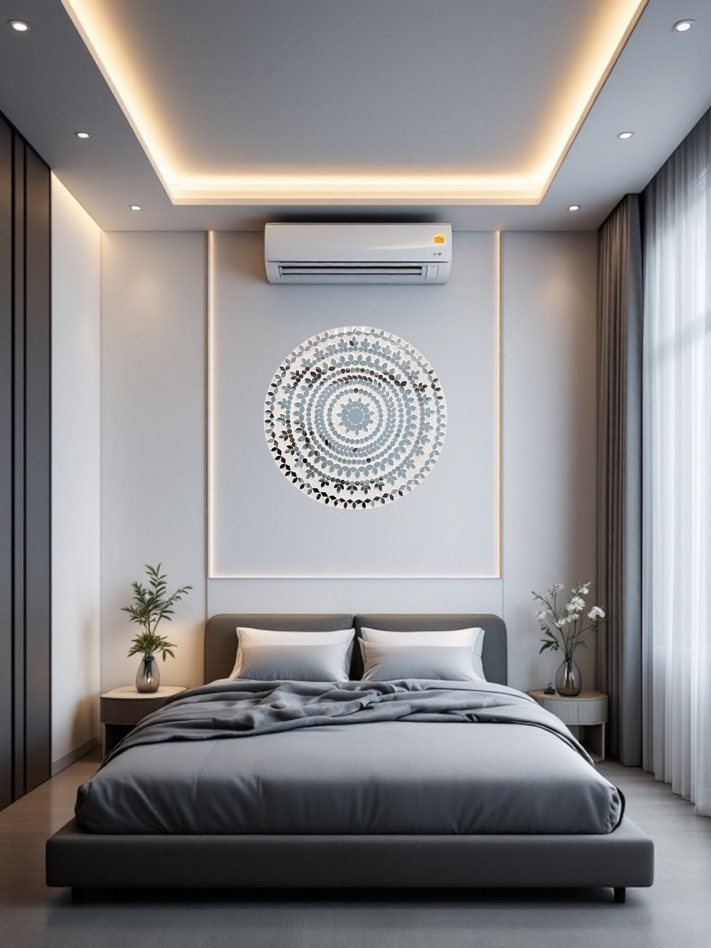 white round mosaic mirror art in a bohemian-inspired interior design