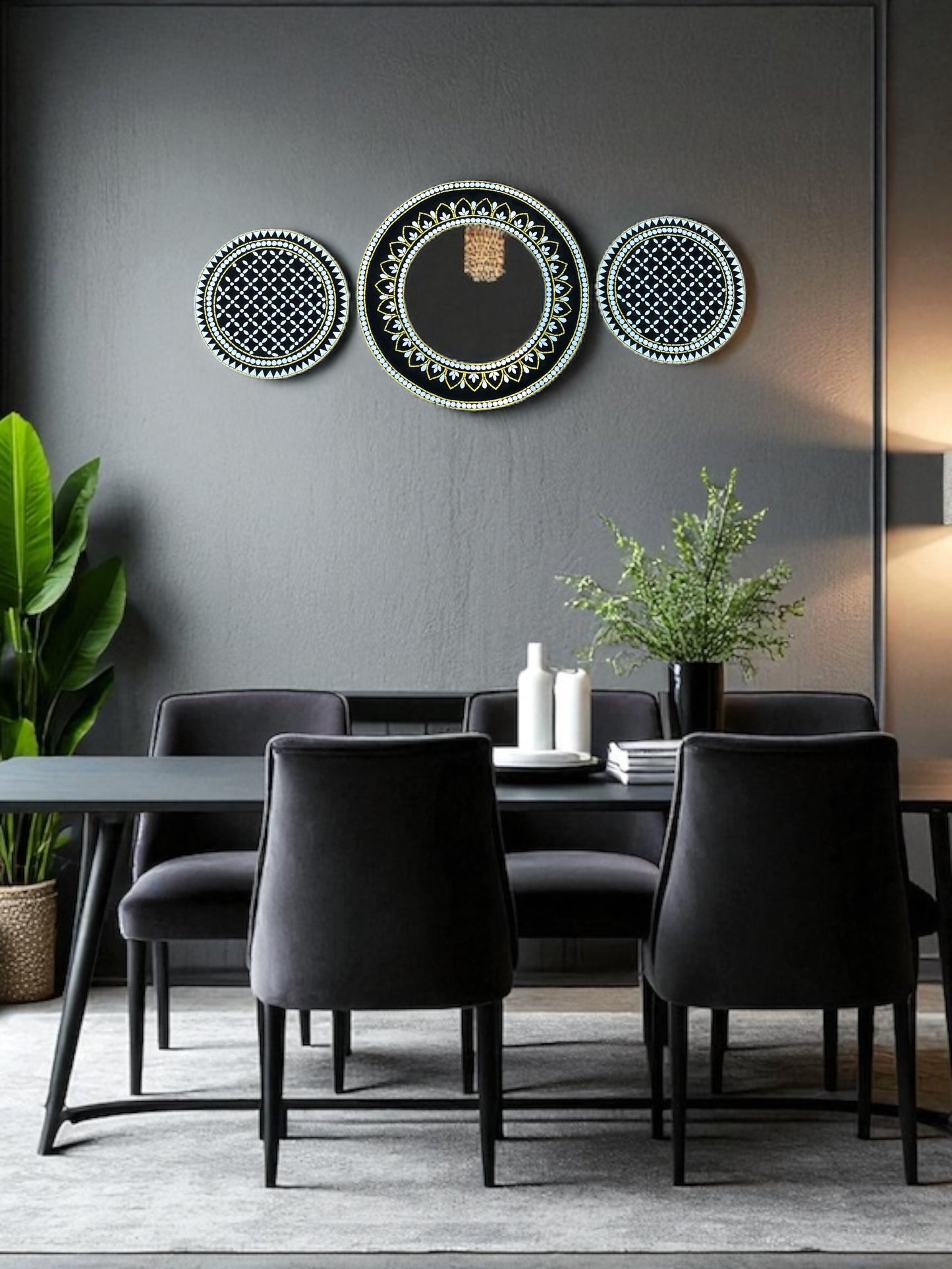 Modern mirror mosaic wall art featured in a stylish dining room with velvet chairs, gray walls, and ambient lighting.