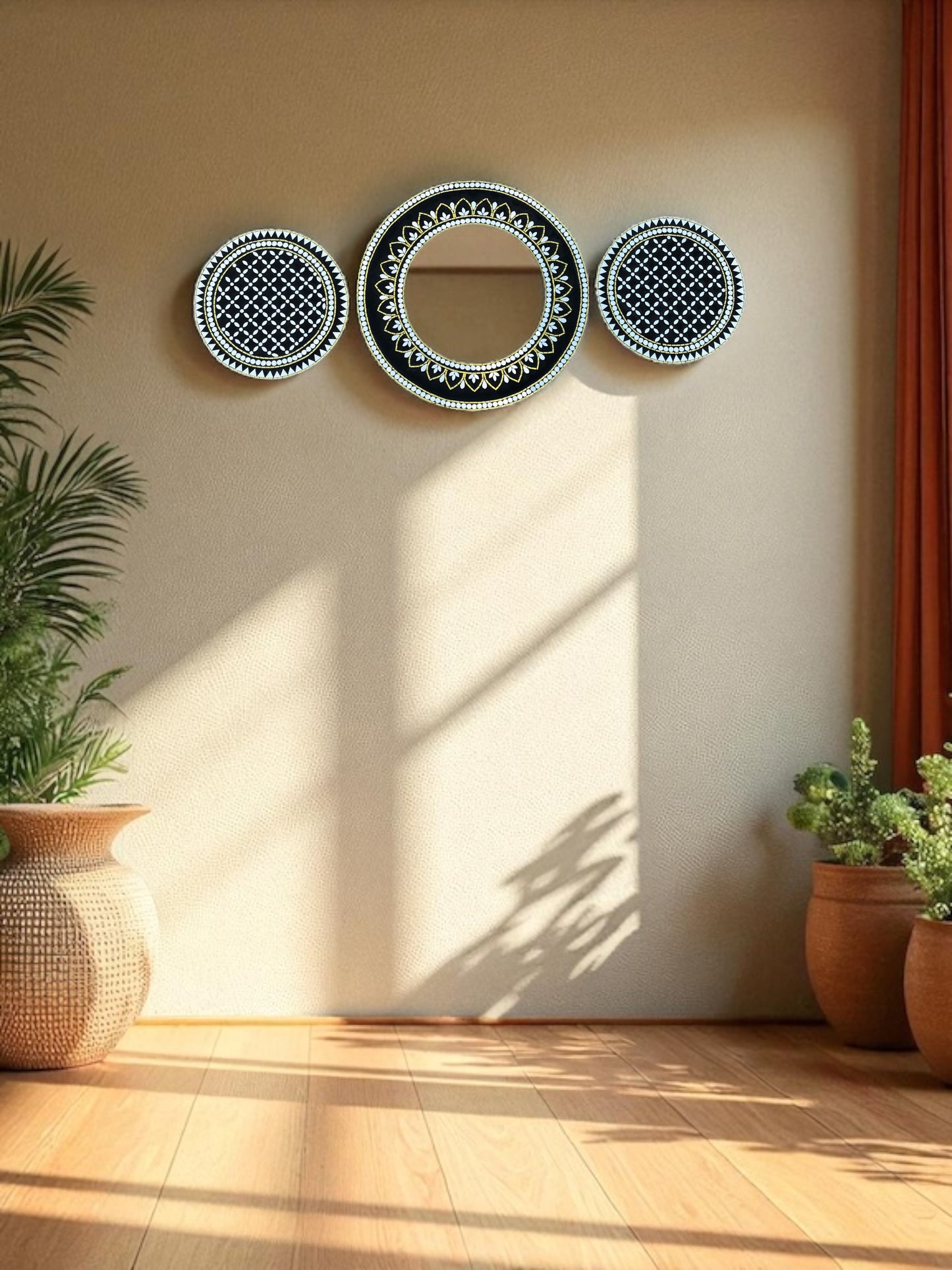 Handcrafted mirror mosaic art installed in a neutral-toned hallway with natural textures, wood floors, and ceramic planters