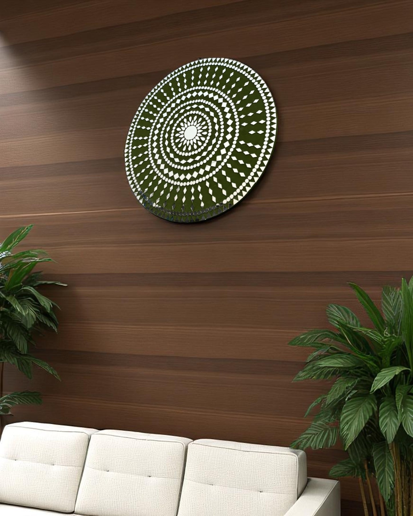 Left side perspective of Mirroza’s Olive Bloom mosaic wall mirror showcasing detailed craftsmanship and elegant floral layout on a wooden wall with white sofa