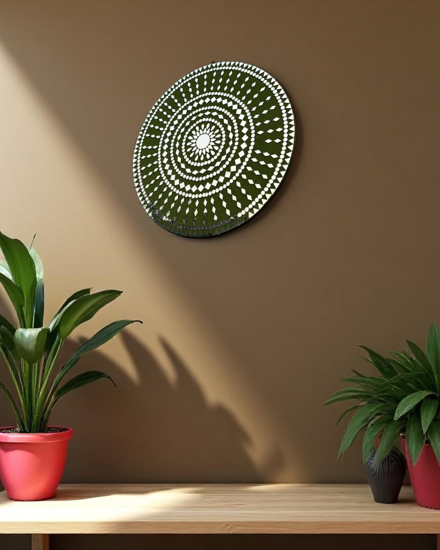 Left side perspective of Mirroza’s Olive Bloom mosaic wall mirror showcasing detailed craftsmanship and elegant floral layou