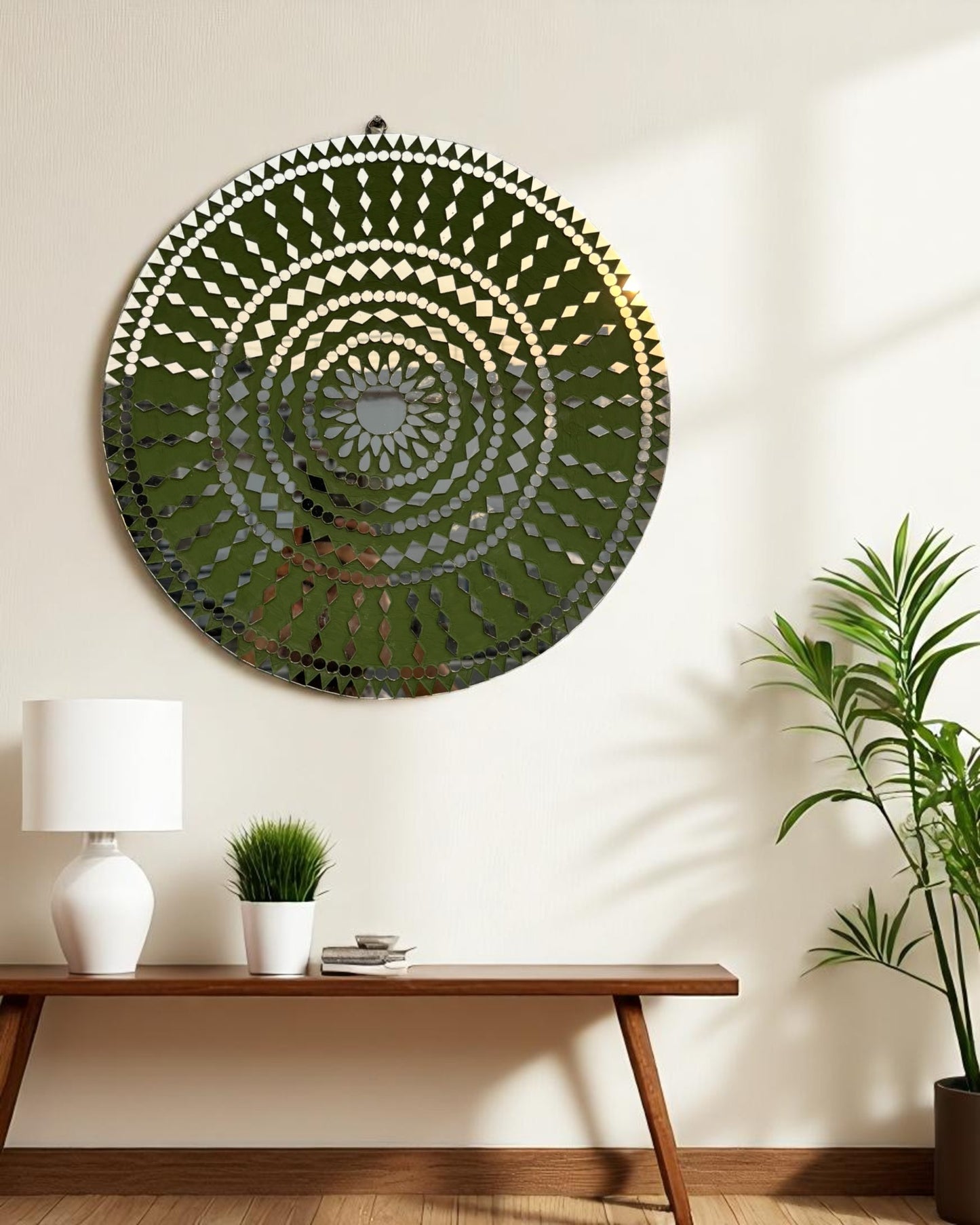 Front view of Olive Bloom round mosaic wall mirror with olive green floral mandala design – handcrafted mirror art by Mirroza
