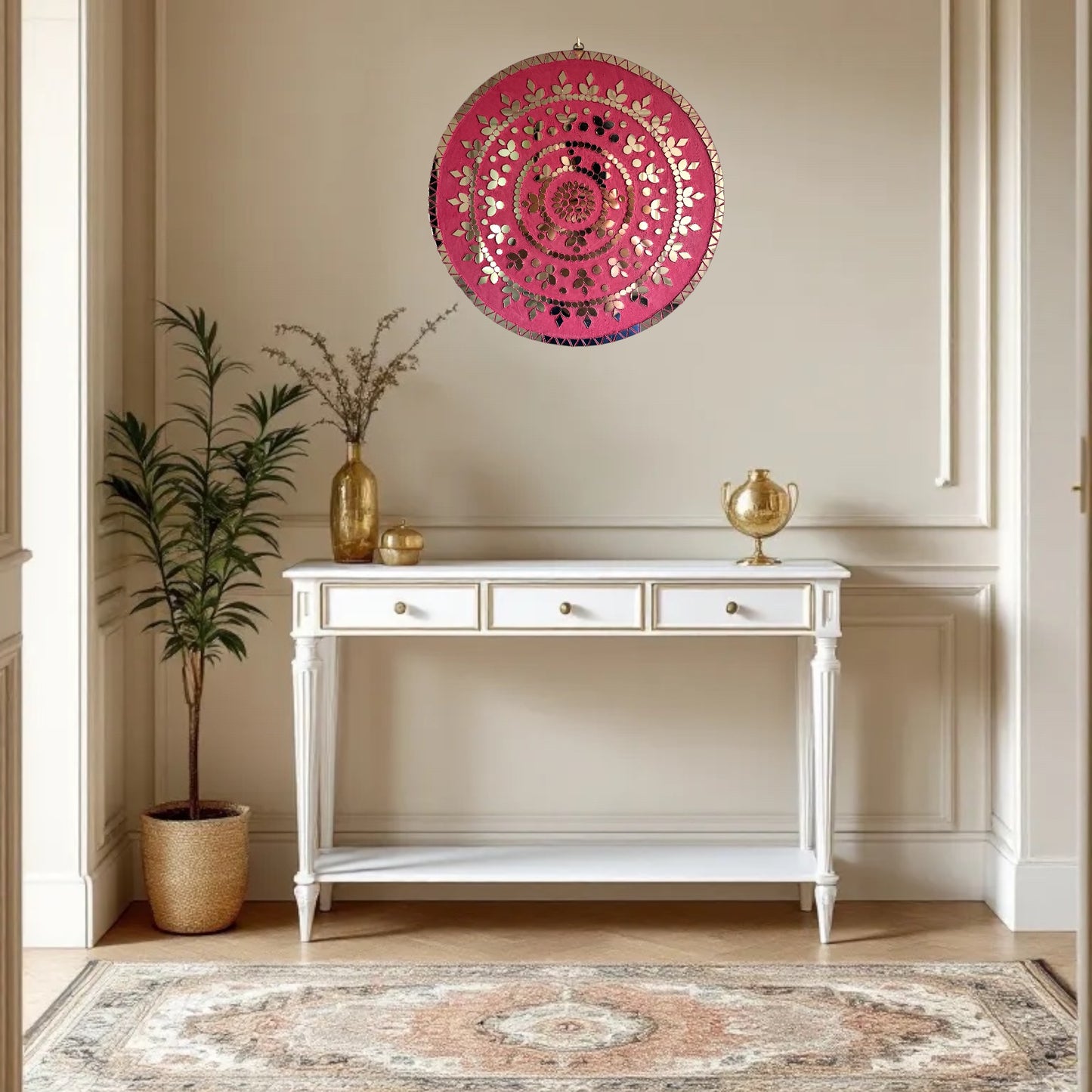 rose radiance displayed in a entrance hallway setting on a beige wall.