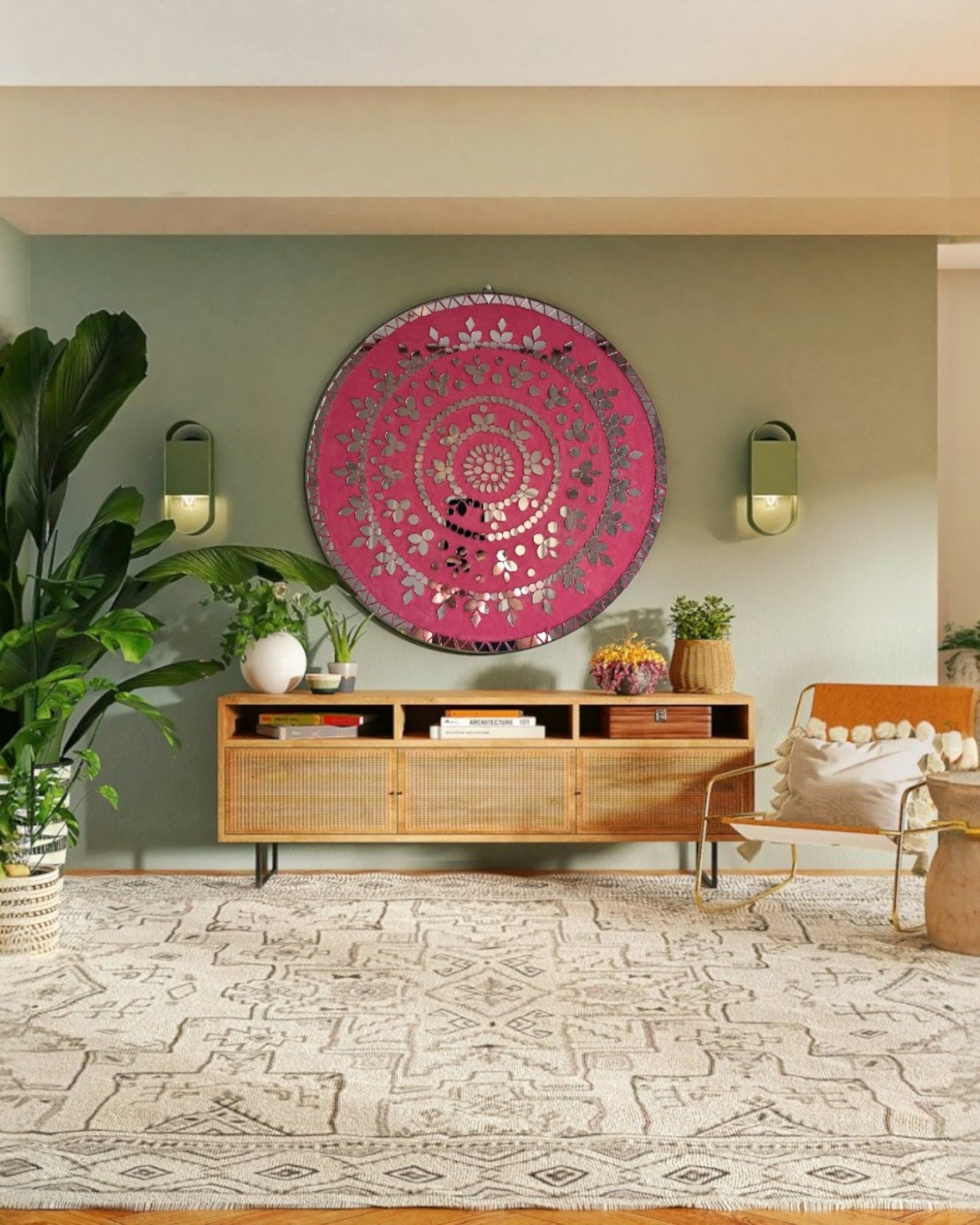 rose radiance displayed in a living room setting on a green wall.