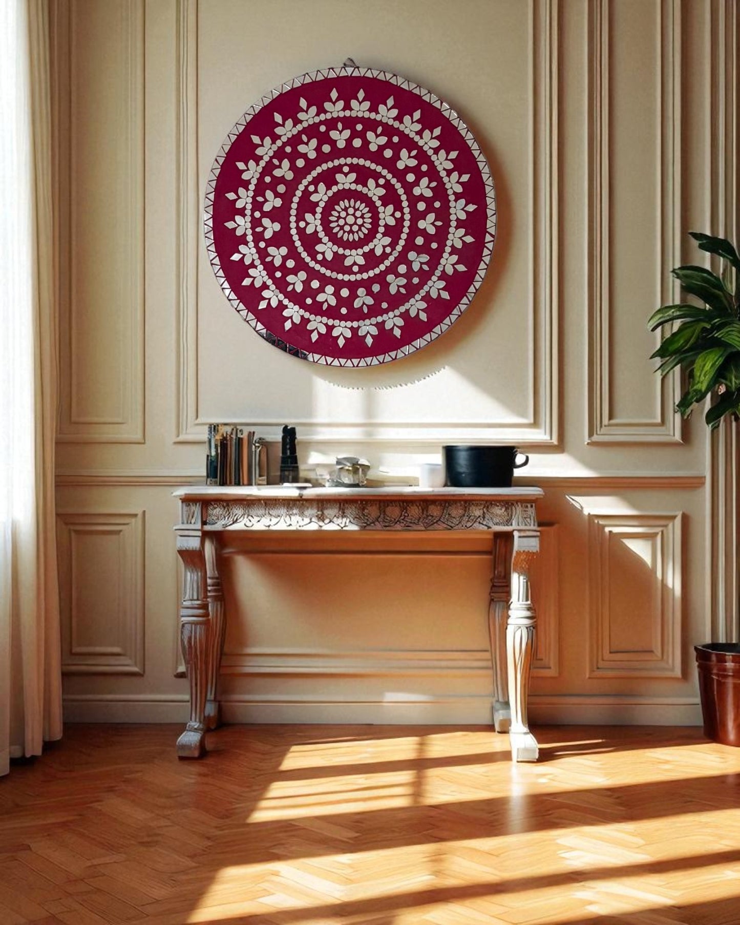Rose Radiance mirror mosaic art placed in a Parisian-inspired apartment with warm off-white panelled walls and dusty rose vintage console — designed by Mirroza."