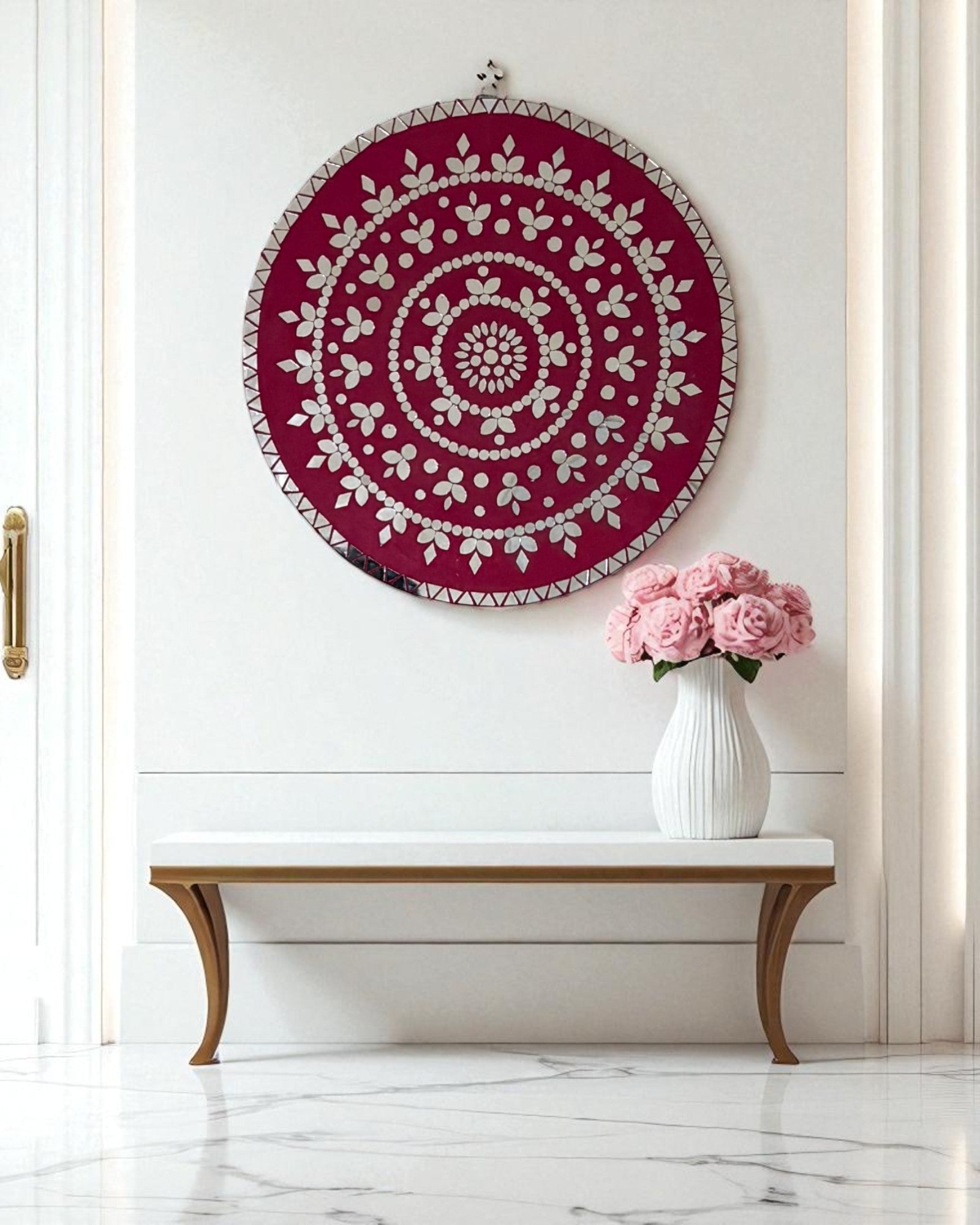 Rose Radiance deep fuchsia mosaic wall art set in a minimal Scandinavian lounge with white oak panels, nude-toned furniture, and a soft woven rug — natural modern décor by Mirroza