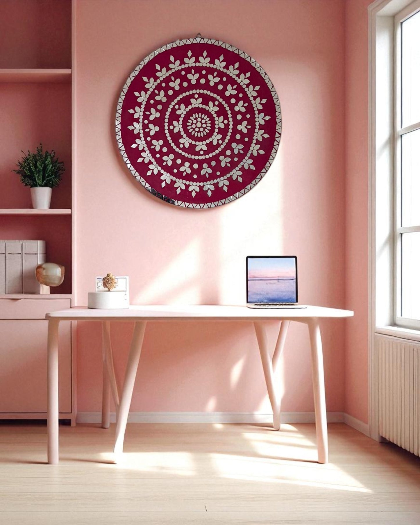 Rose Radiance mosaic mirror artwork showcased in a feminine home office with soft pink walls, a white desk, and muted gold decor — a handcrafted piece by Mirroza.