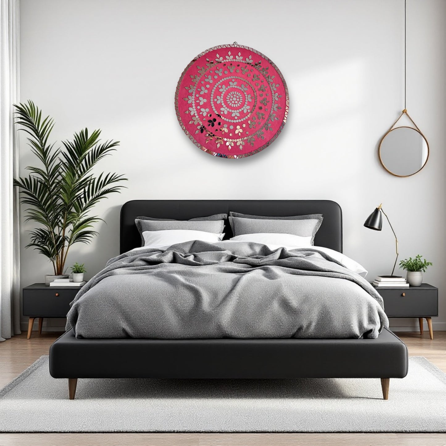 Front view, featuring the Rose Radiance mosaic mirror wall art by Mirroza.