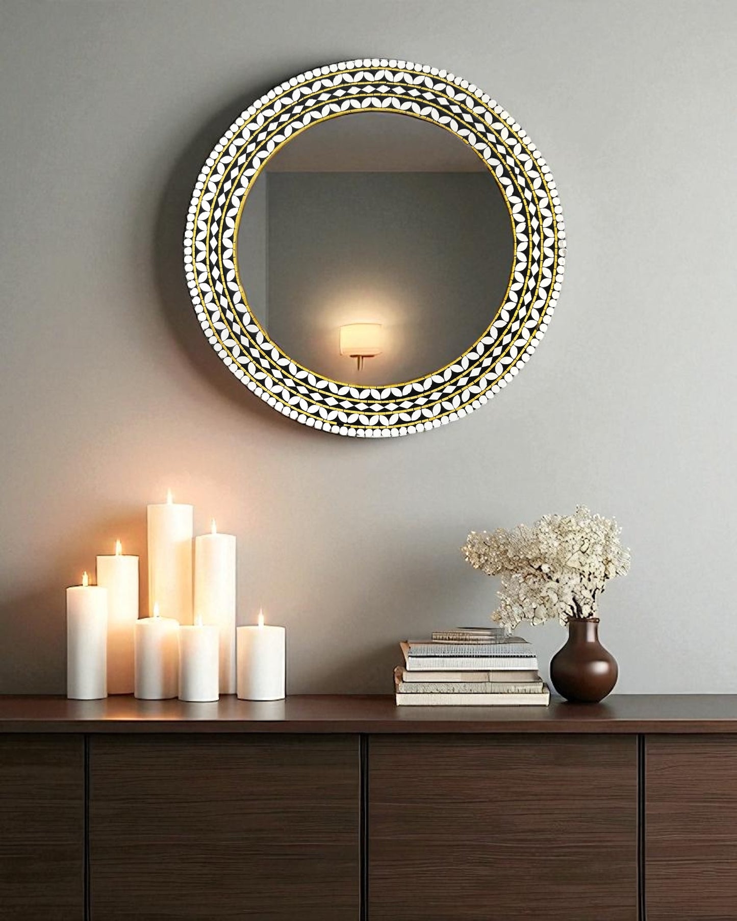 Handcrafted Black & Gold Round Mirror Mosaic Wall Hanging by Mirroza
