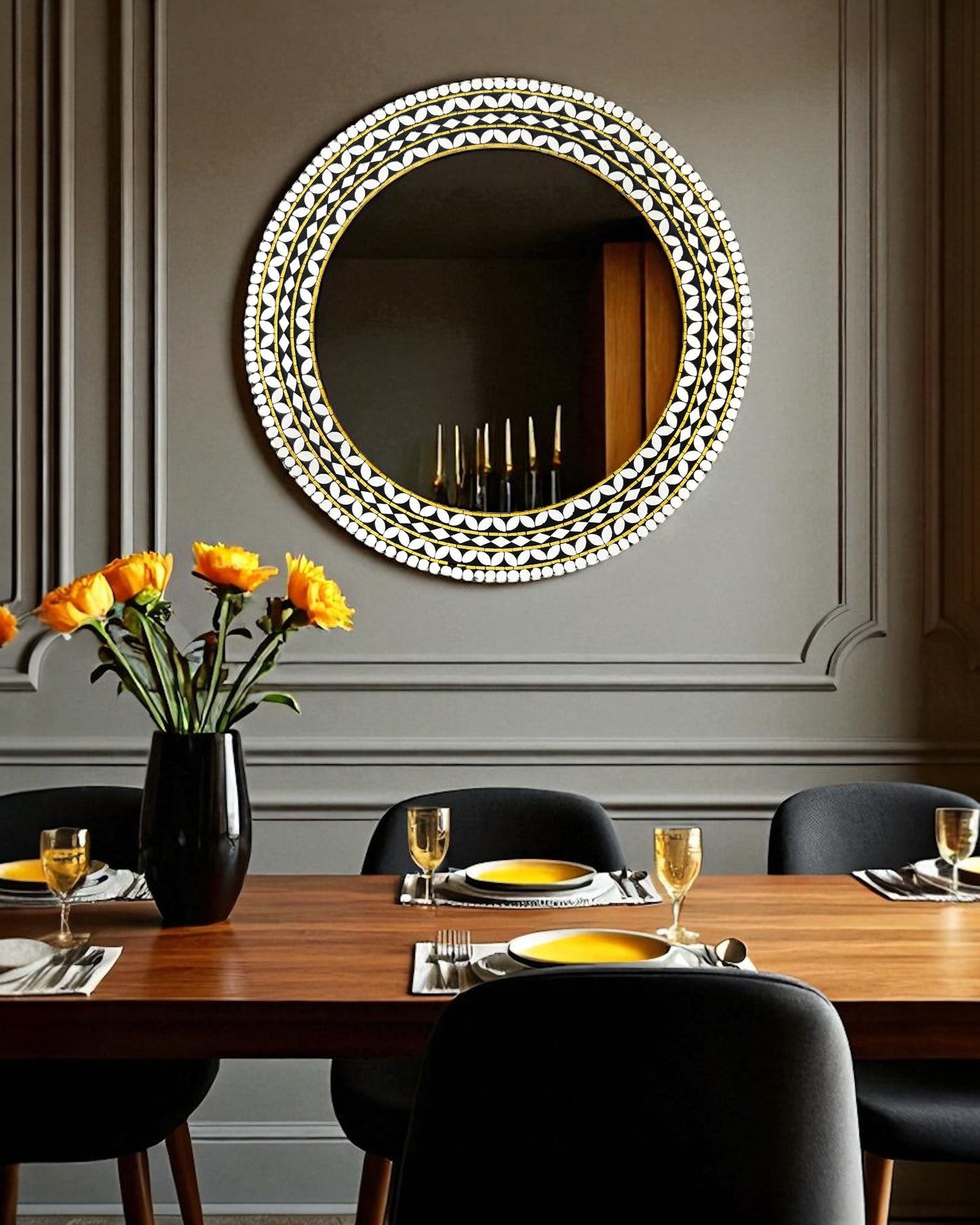 Handcrafted Black & Gold Round Mirror Mosaic Wall Hanging by Mirroza