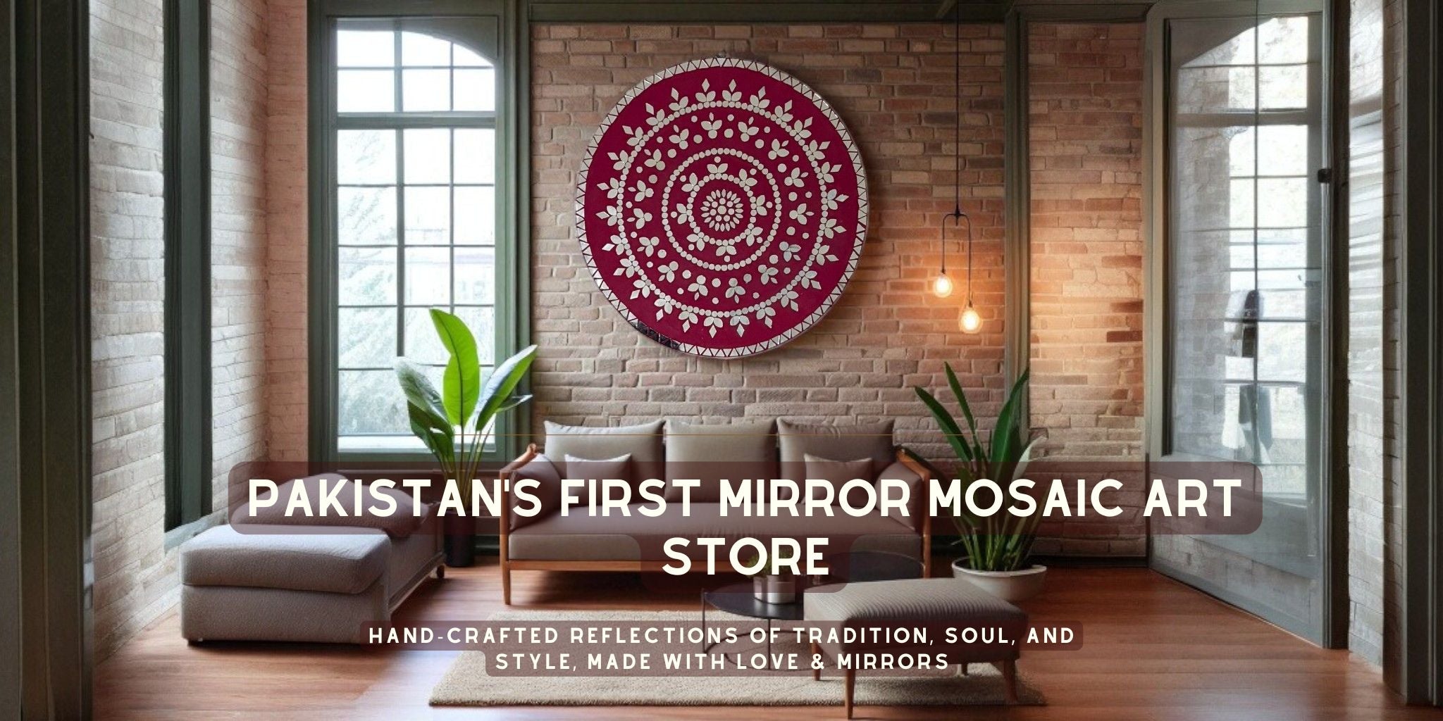 Living room with mirror mosaic art on the wall, text about Pakistan's first mirror mosaic art store.