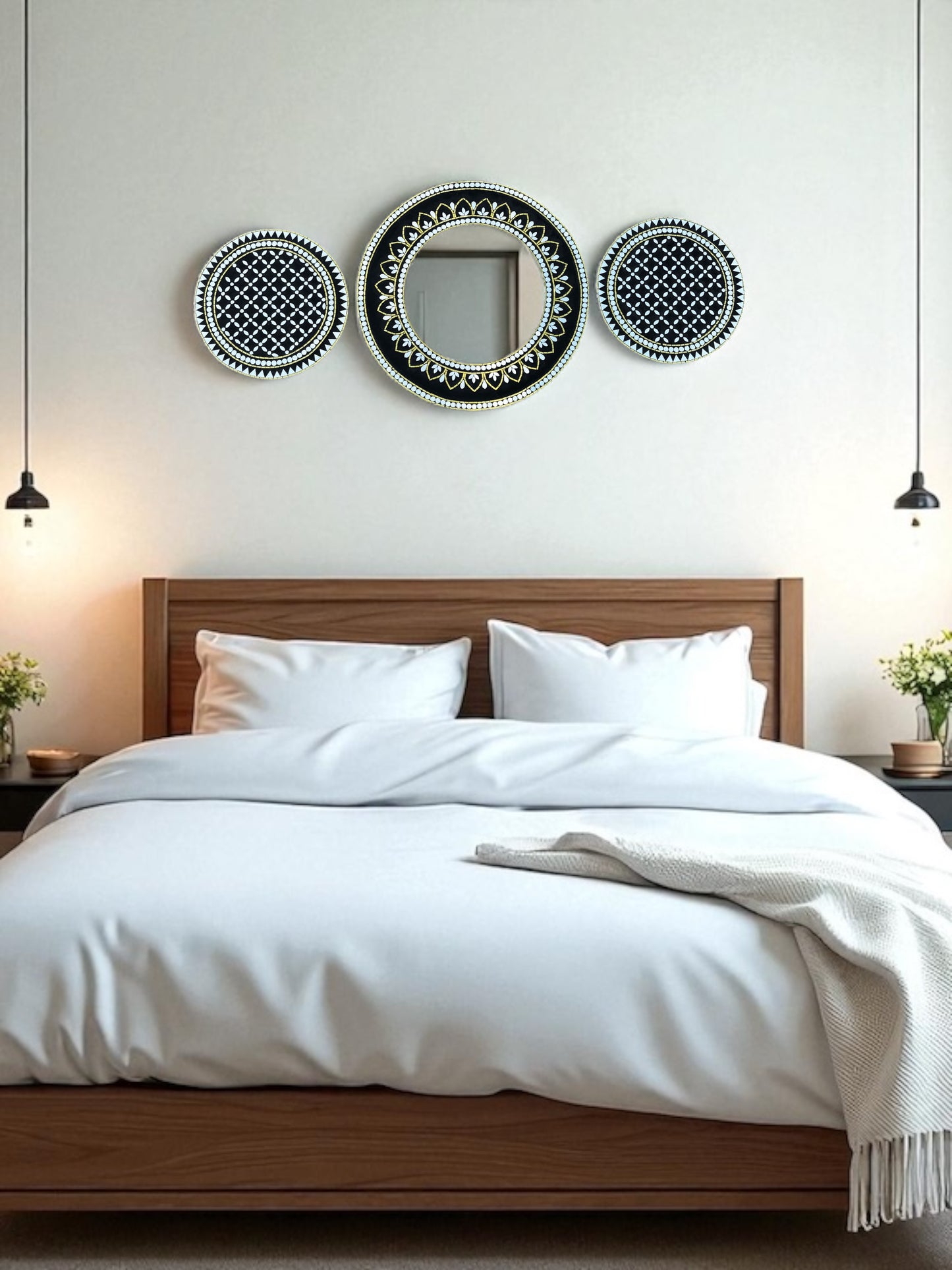 Minimalist 3-piece mirror mosaic art above a Scandinavian-style bed with soft linens, wood textures, and clean white walls