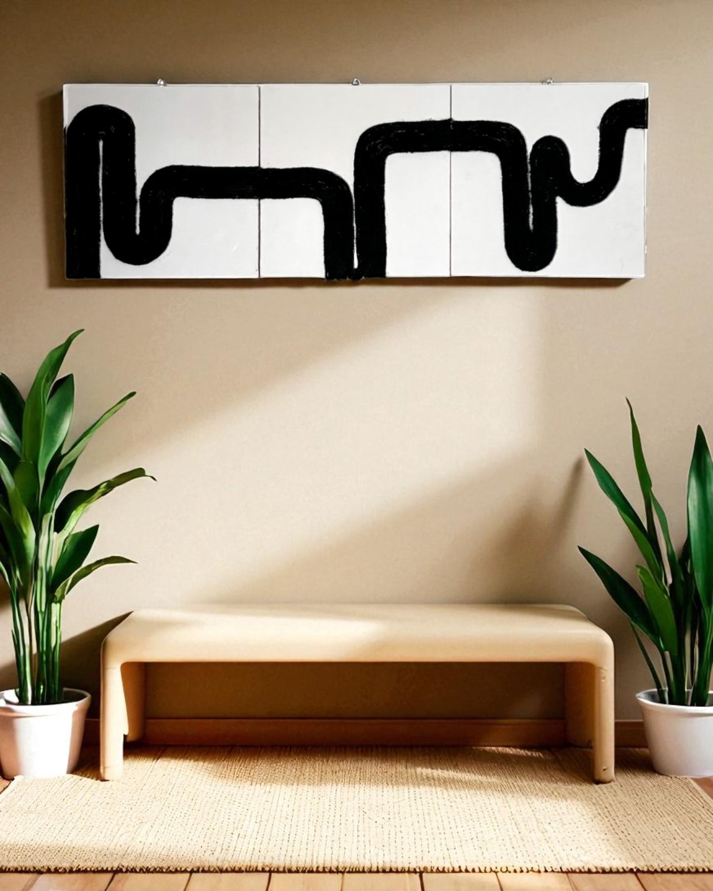 waves of thought black rope wallart A serene, Japanese Zen-inspired interior