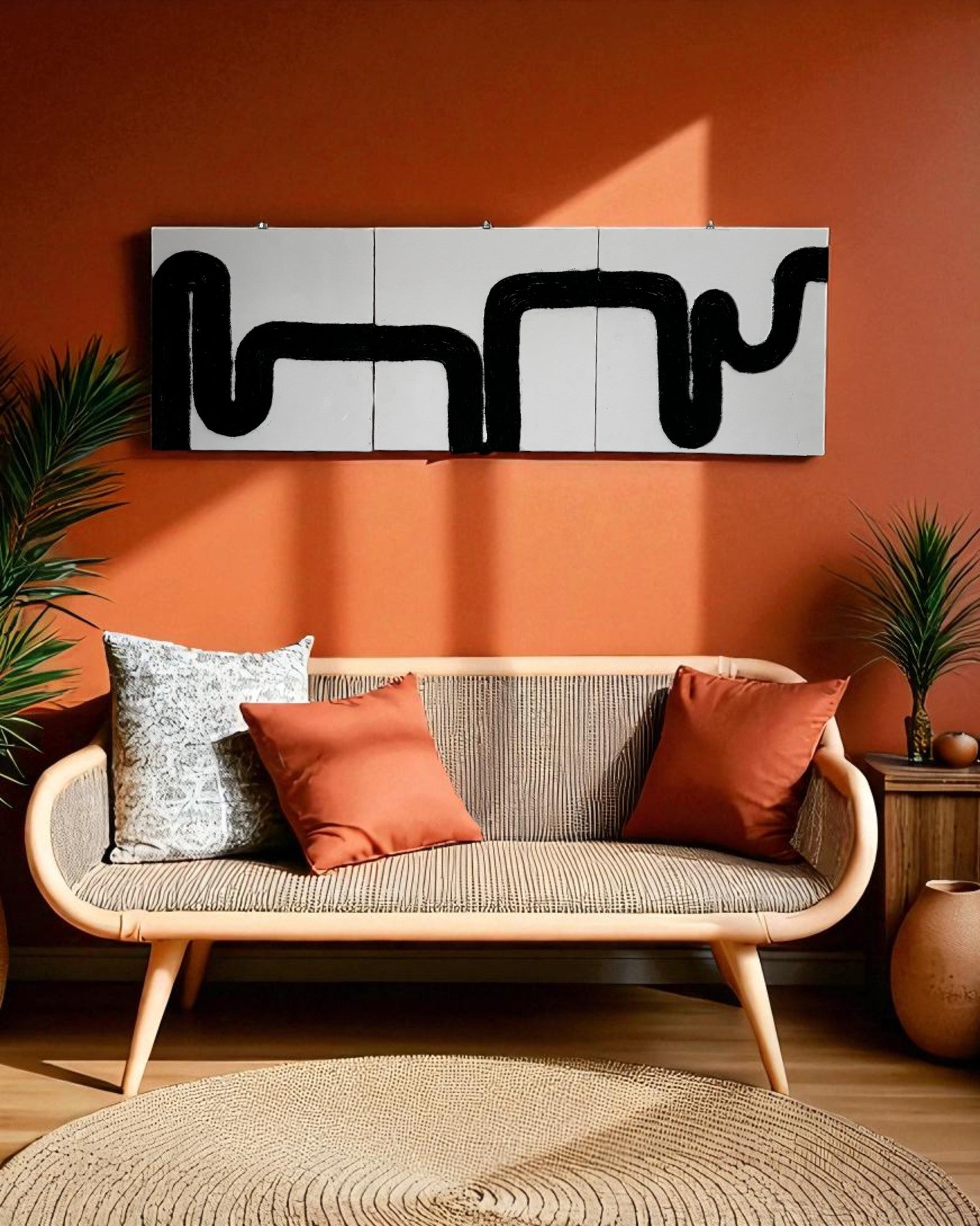 Abstract rope art displayed in cozy boho interior with terracotta walls, cane furniture and earthy decor