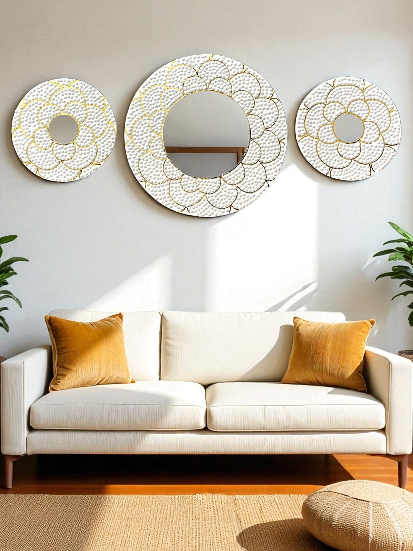 White and gold handcrafted mirror mosaic wall art set displayed on a taupe textured wall with warm spotlighting