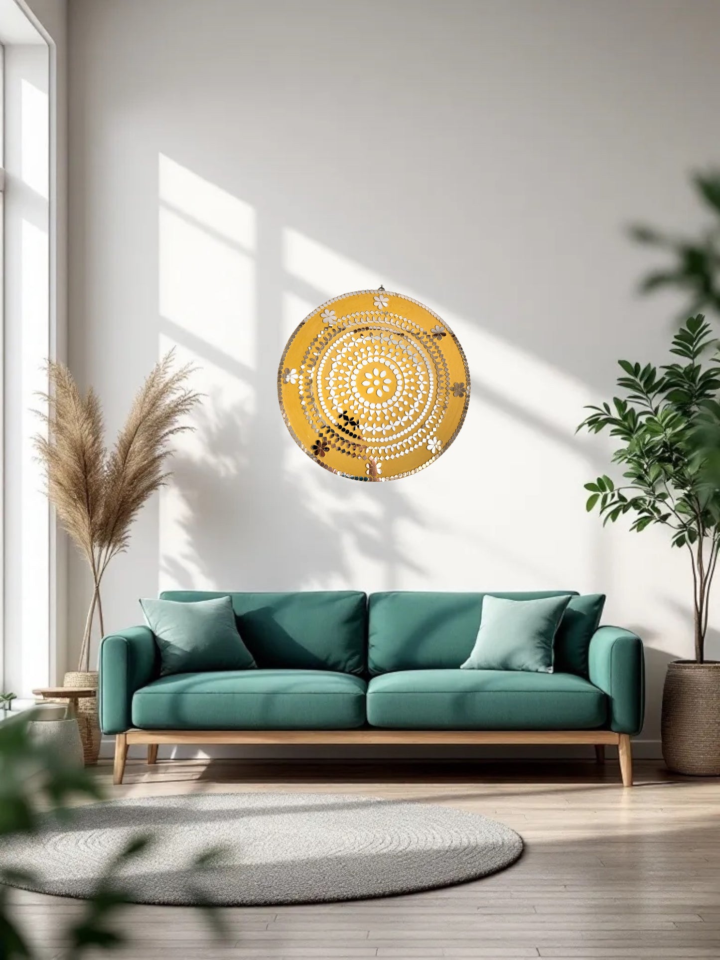 Front view of a handcrafted yellow round mosaic mirror wall art with petal-like glass inlay, brightening a modern living space.