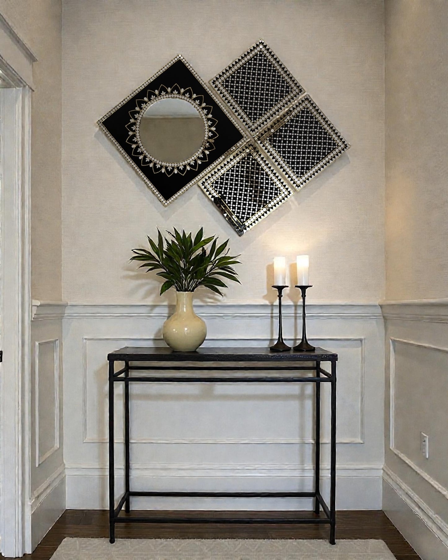 Black & Gold Mandala Diamond Style Mirror Mosaic Wall Hanging– 4-Piece Set by Mirroza