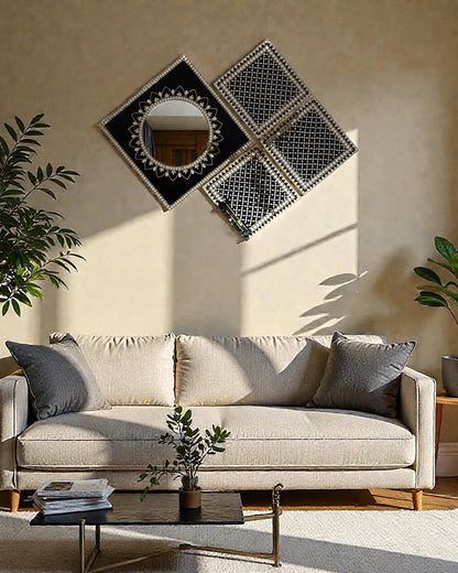 Black & Gold Mandala Diamond Style Mirror Mosaic Wall Hanging– 4-Piece Set by Mirroza