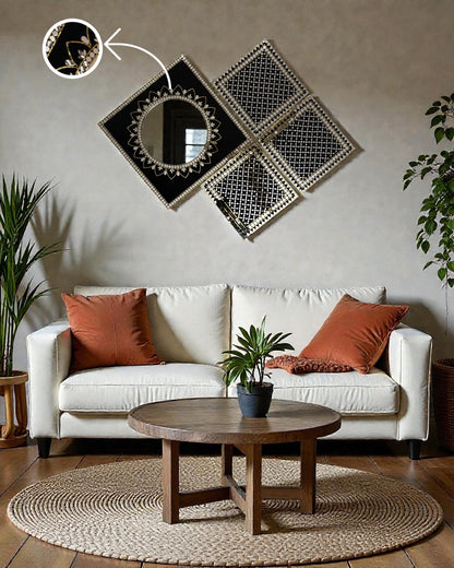 Black & Gold Mandala Diamond Style Mirror Mosaic Wall Hanging– 4-Piece Set by Mirroza