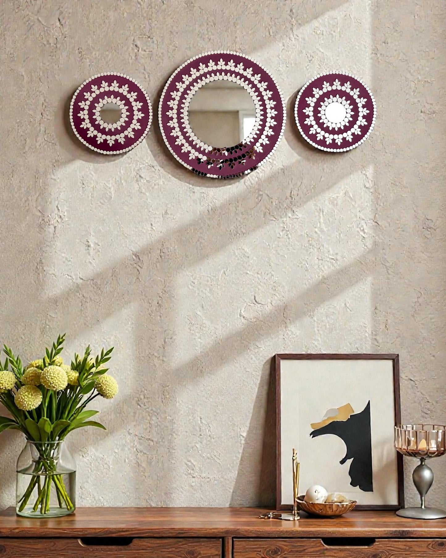 Midnight Bloom 3-Piece Mirror Mosaic Wall Art | Handmade Wall Hanging Set By Mirroza