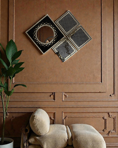 Black & Gold Mandala Diamond Style Mirror Mosaic Wall Hanging– 4-Piece Set by Mirroza